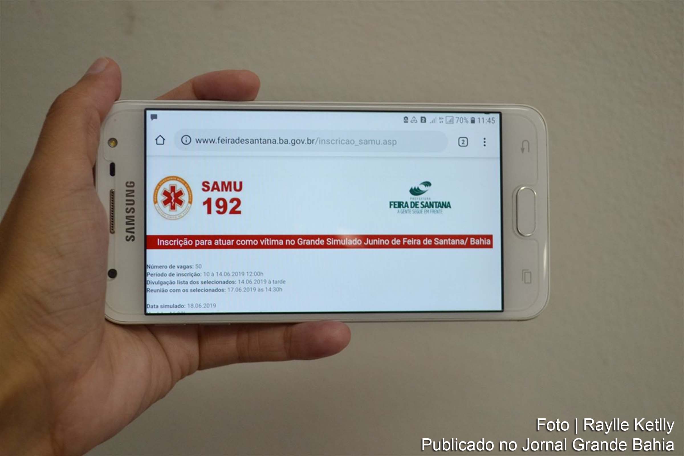 Página de inscrição Grande Simulado Junino do SAMU de Feira de Santana.