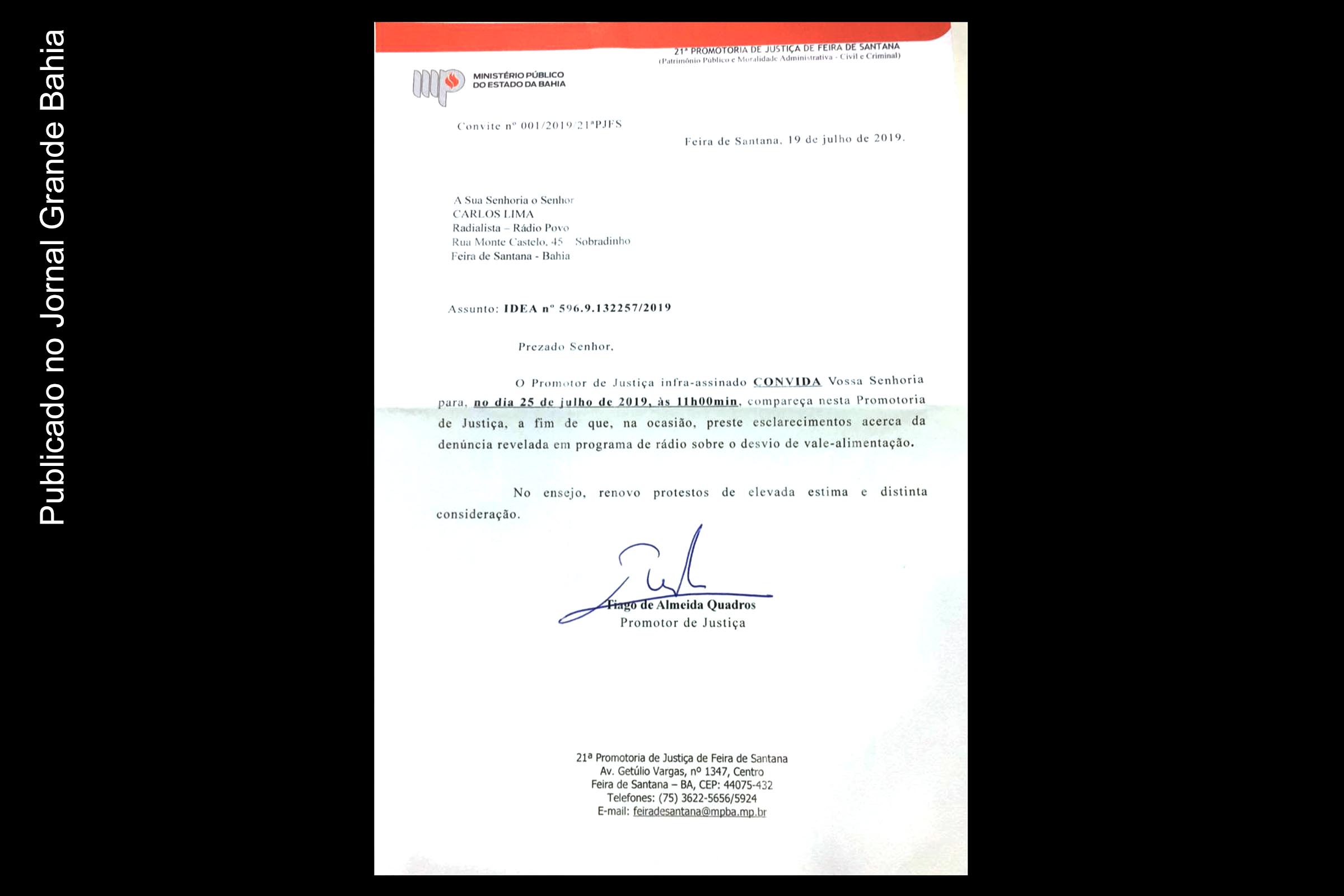 Cópia do convite do Ministério Público da Bahia (MPBA) ao radialista Carlos Lima, sobre o caso ‘O destino do Vale Refeição da Câmara Municipal de Feira de Santana’.