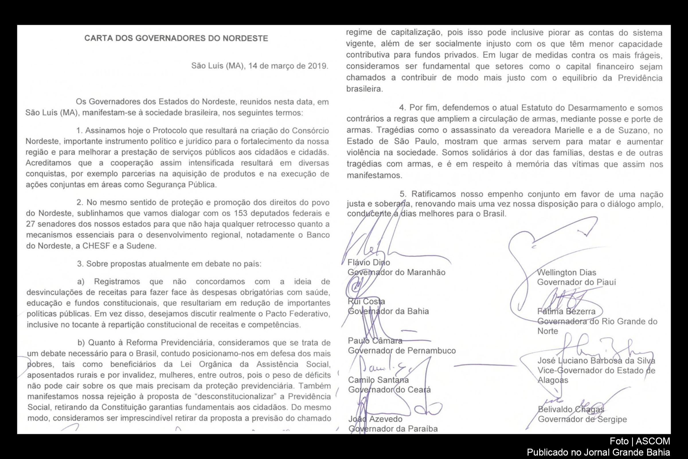 Carta de criação do Consórcio Nordeste assinada pelos governadores da região.