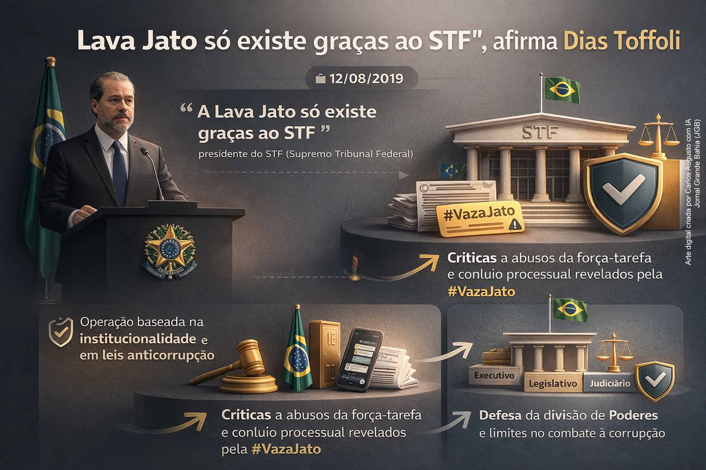 Em 12/08/2019, Dias Toffoli afirmou que a Lava Jato só existe graças ao STF, defendendo sua institucionalidade e alertando contra a apropriação das instituições. As declarações, feitas no Lide, ocorreram em meio às revelações da #VazaJato, que levantaram críticas a abusos da força-tarefa, reacendendo o debate sobre protagonismo judicial, divisão de Poderes e limites do combate à corrupção.