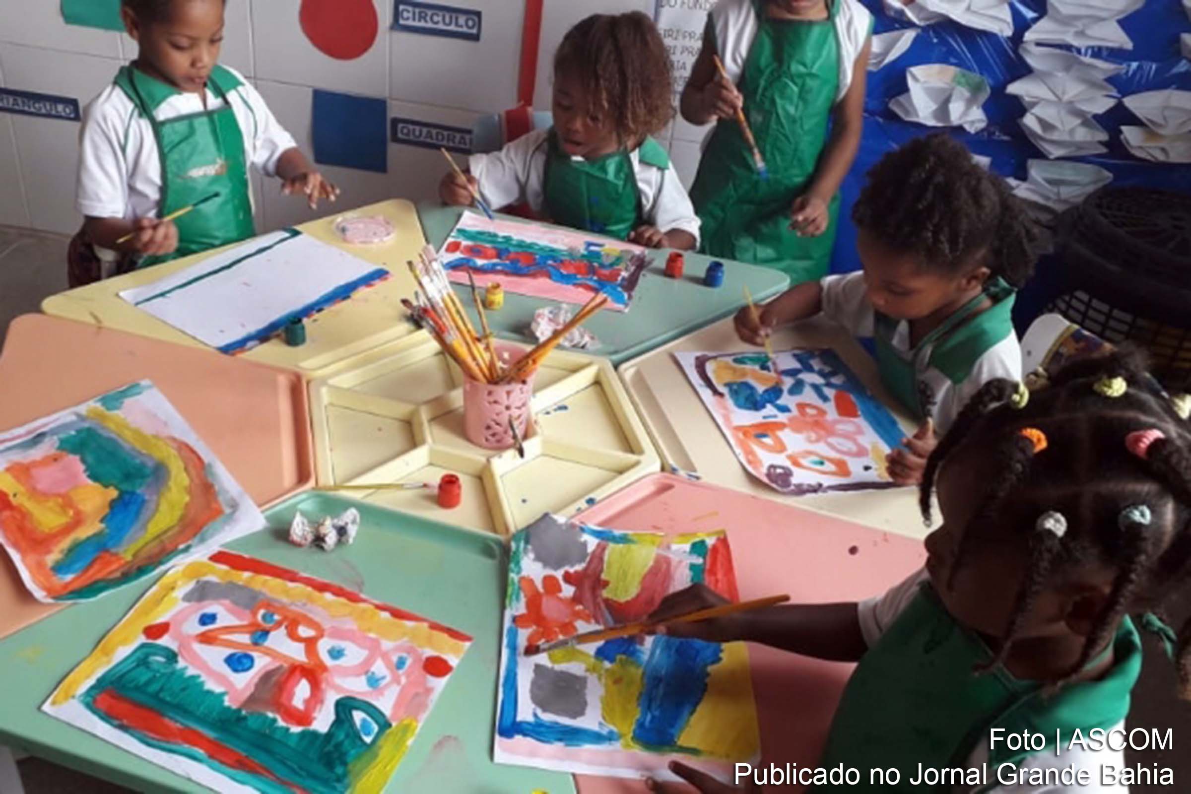 Alunos do Centro Municipal de Educação Infantil Paulino Martins dos Santos durante projeto artístico.