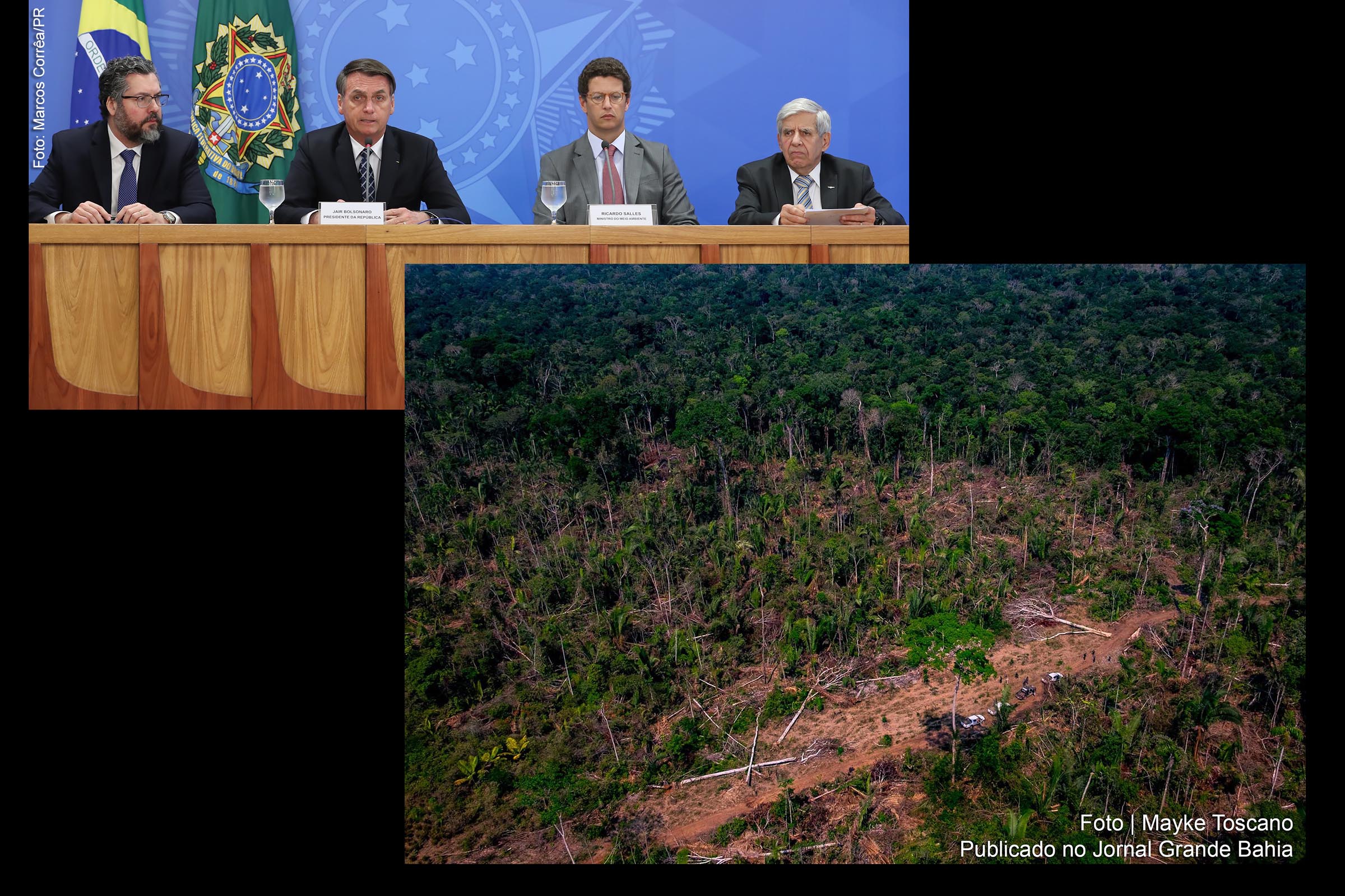 Governo Bolsonaro adotou política de degradação do meio ambiente e resultado é destruição parcial do bioma da Amazônia. Presidente Jair Bolsonaro e Ricardo Salles, ministro do Meio Ambiente, são acionados no STF pelas evidentes responsabilizações.