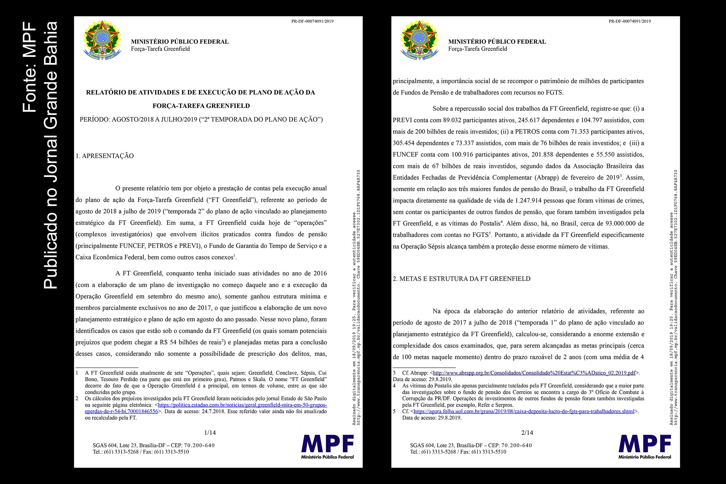 Páginas 1 e 2 do relatório de atividade da Força-Tarefa da Operação Greenfield, de 18 de setembro de 2019.