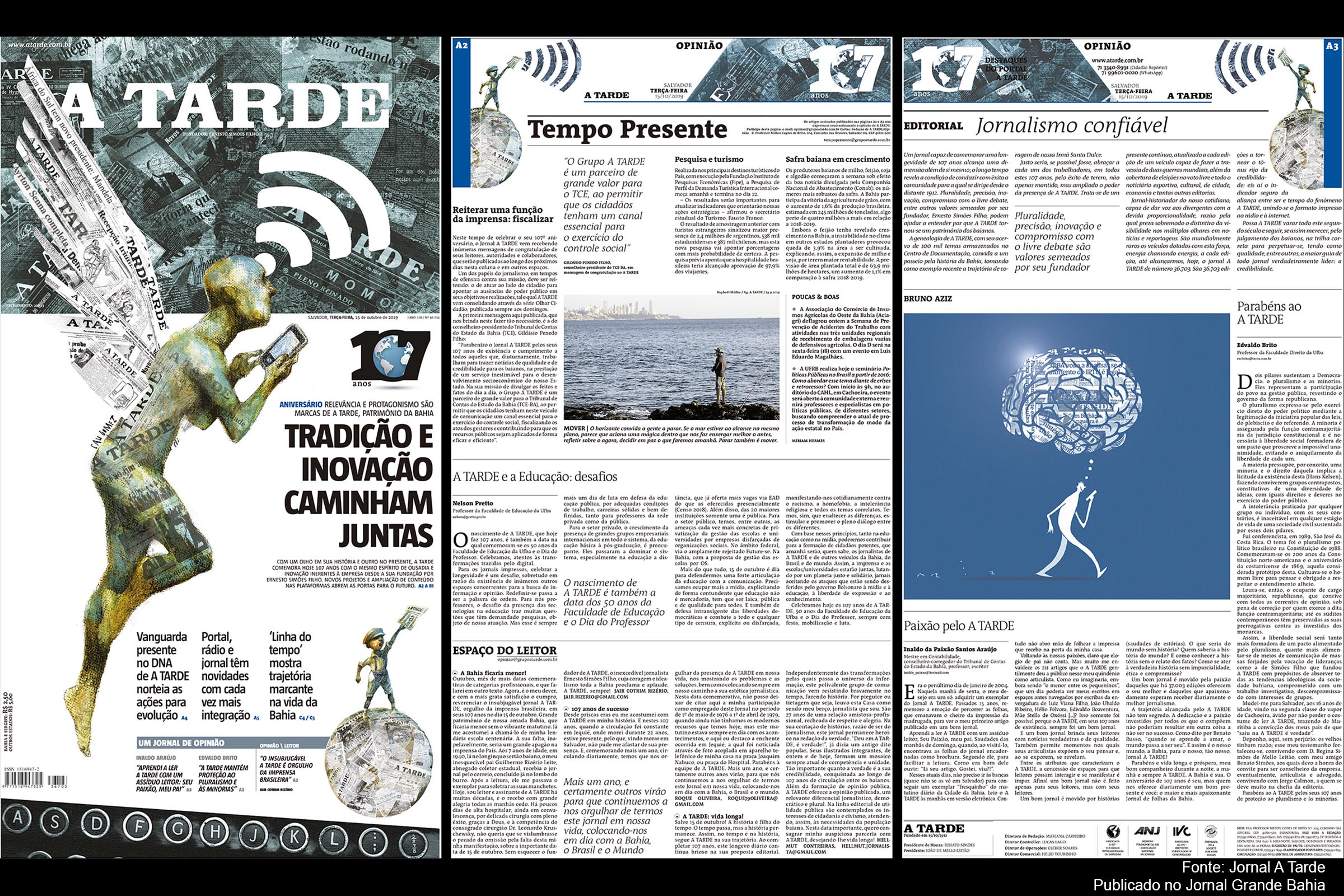 Capa e páginas 2 e 3 da edição especial do Jornal A Tarde, em comemoração pelos 107 anos de fundação.