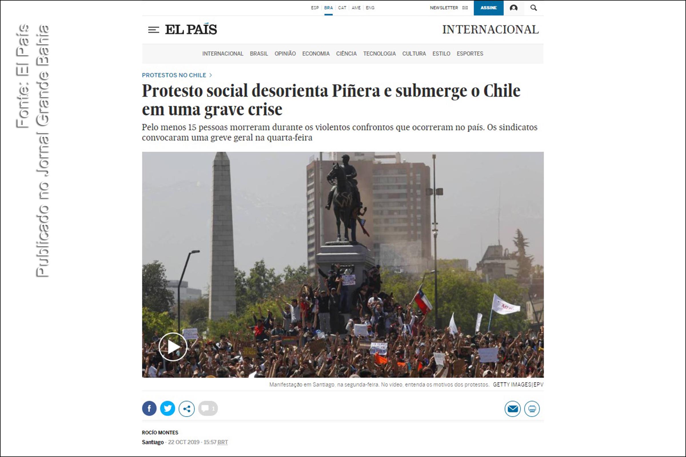 Protesto social desorienta Sebastián Piñera e submerge o Chile em uma grave crise, destaca El País.