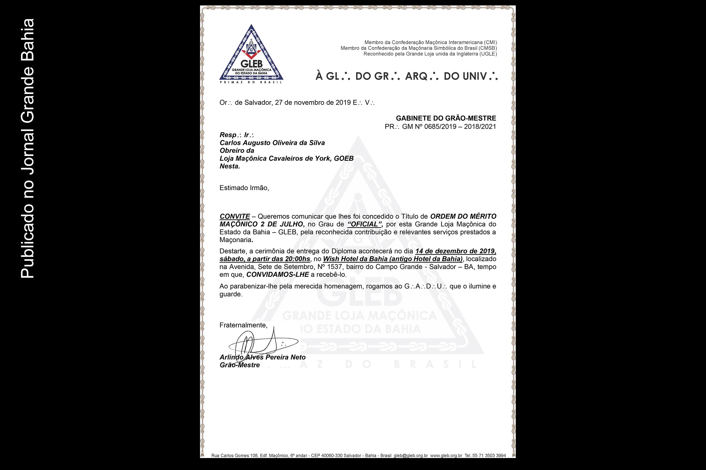 GLEB homenageia jornalista Carlos Augusto com a Comenda 2 de julho; Solenidade ocorre em Salvador