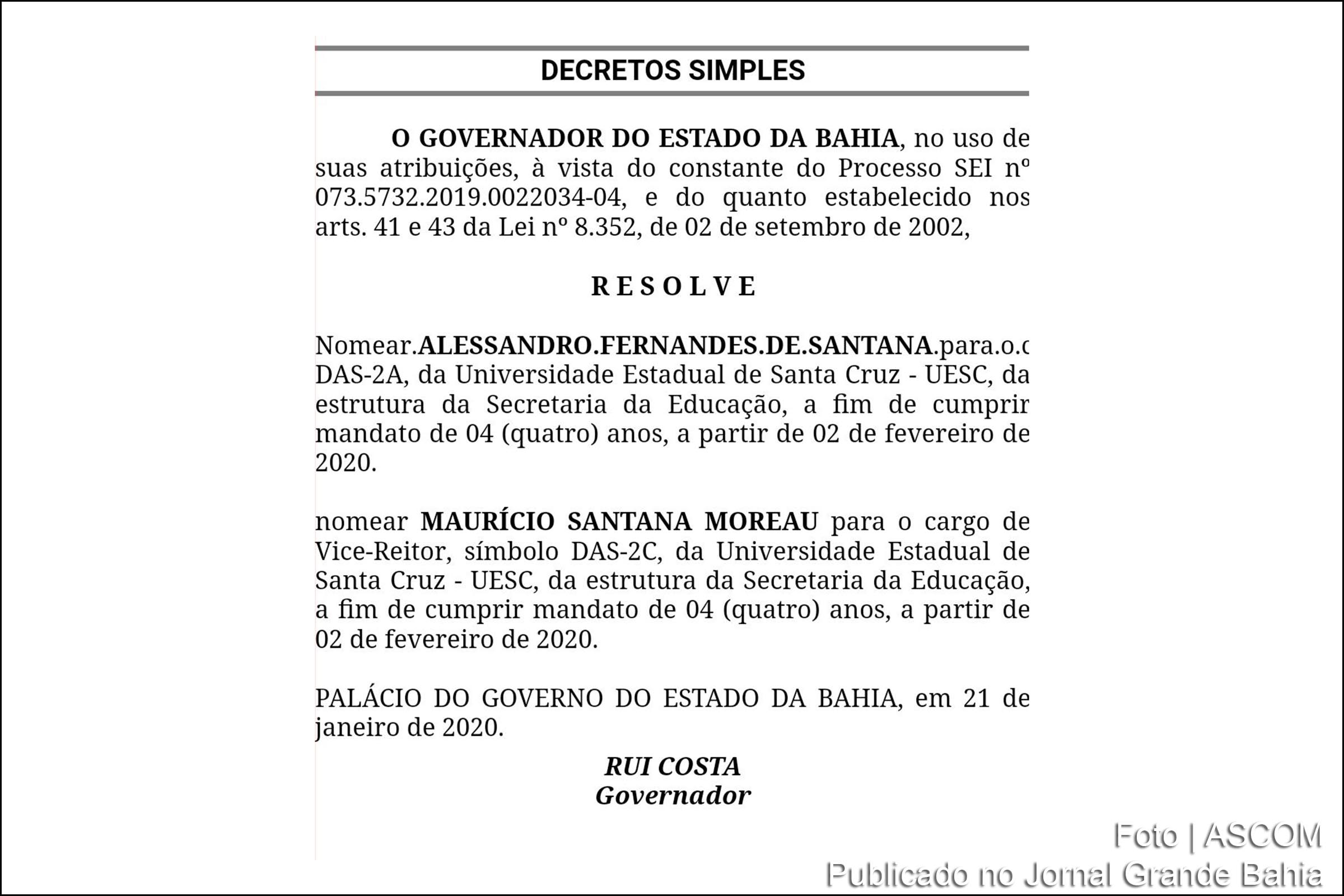 Governador Rui Costa nomeia reitor e vice-reitor da UESC