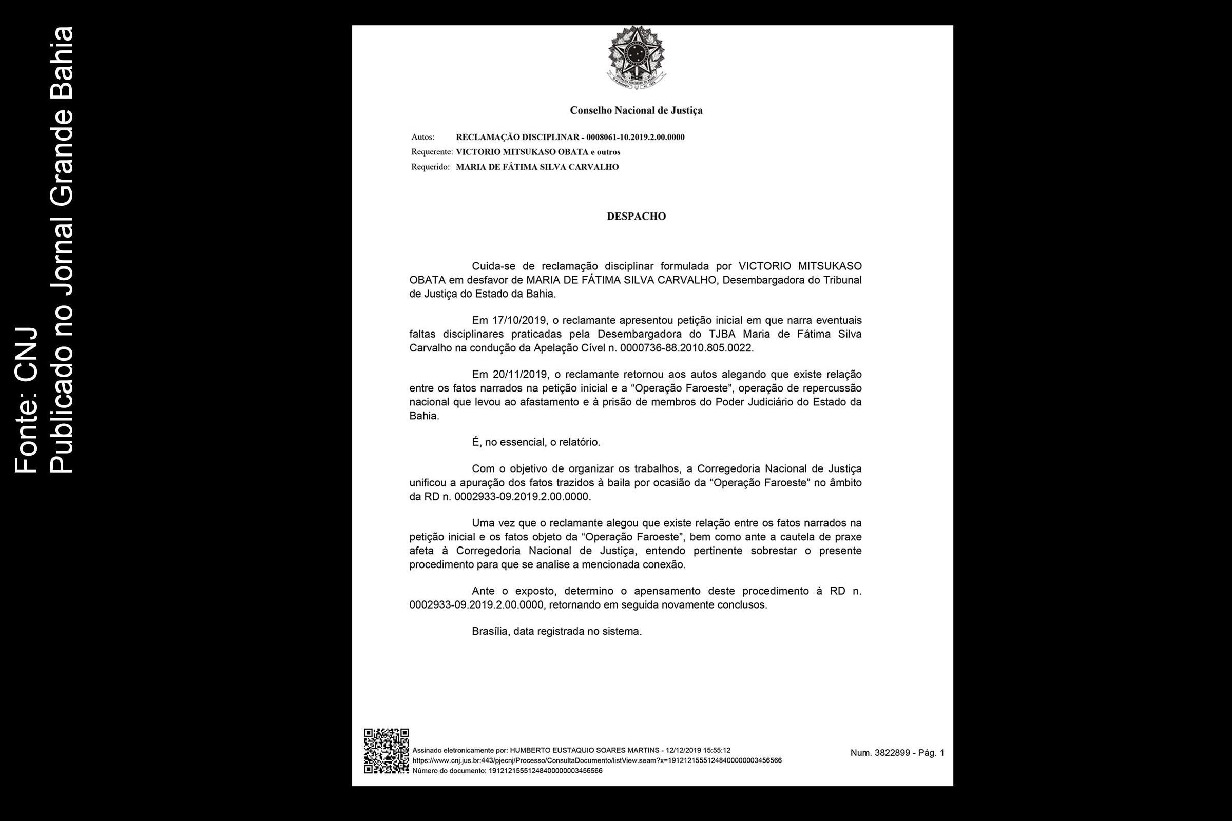 CNJ apensa Reclamação Disciplinar contra a desembargadora do TJBA Maria de Fátima Silva Carvalho, ao inquérito do Caso Faroeste.