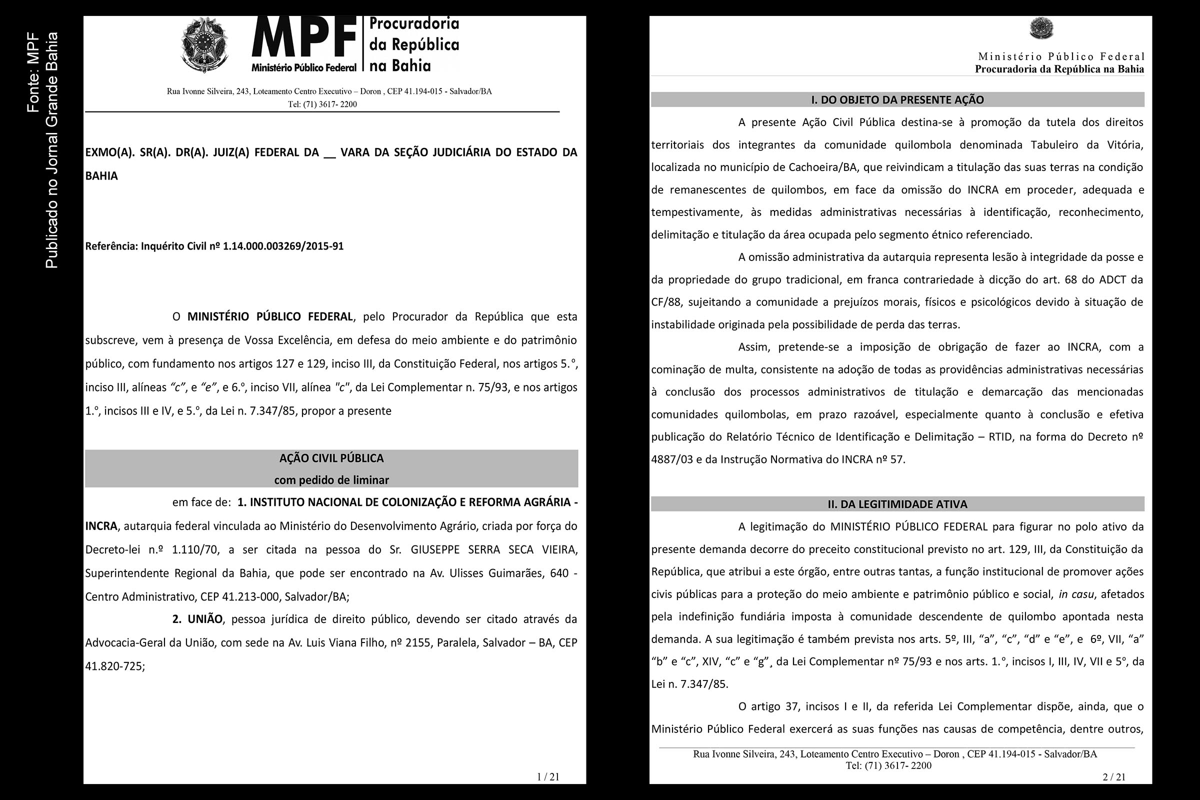 ACP do MPF objetivando demarcação de território do quilombo Tabuleiro da Vitória em Cachoeira.