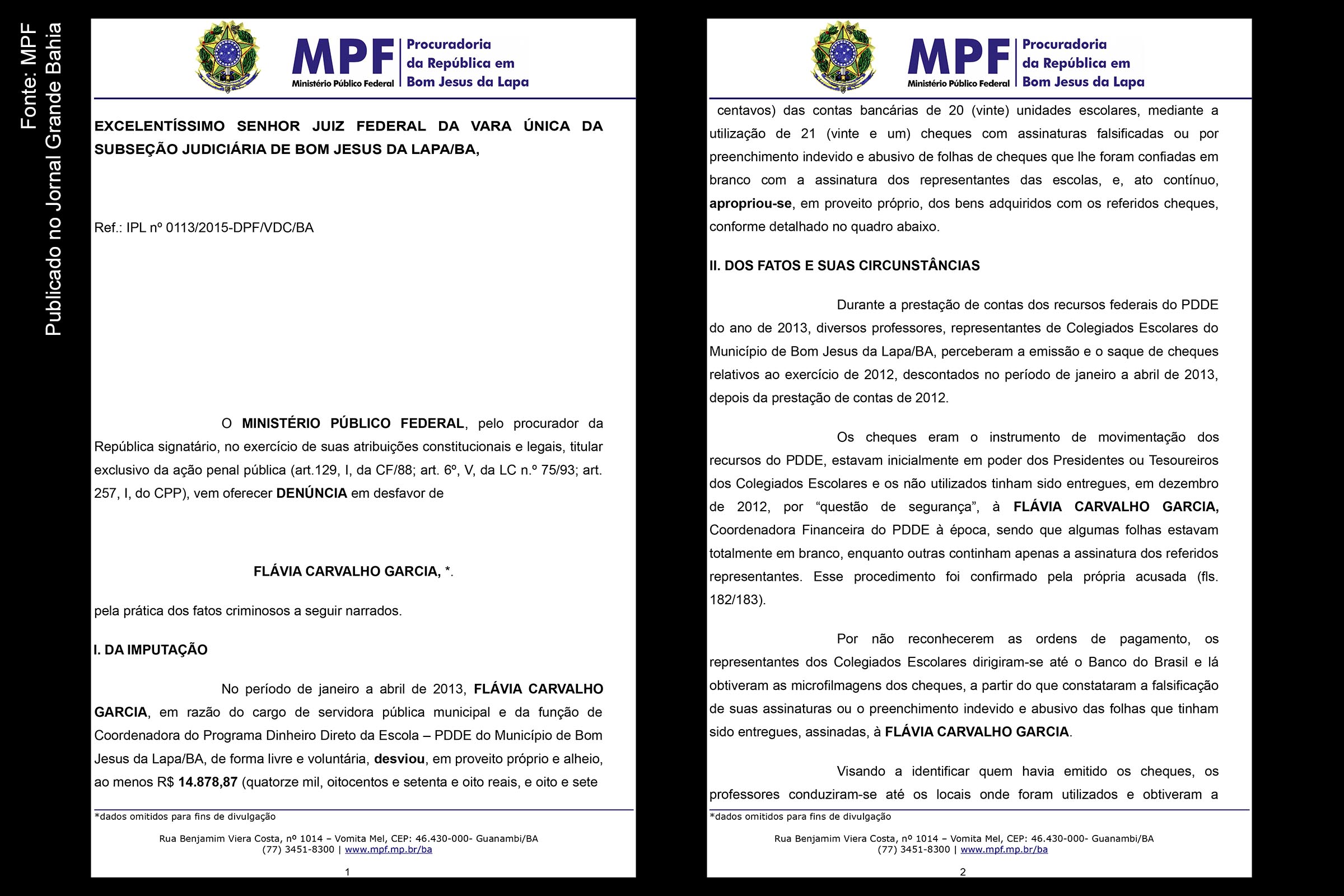 Páginas 1 e 2 da ação do MPF contra Flávia Carvalho Garcia.
