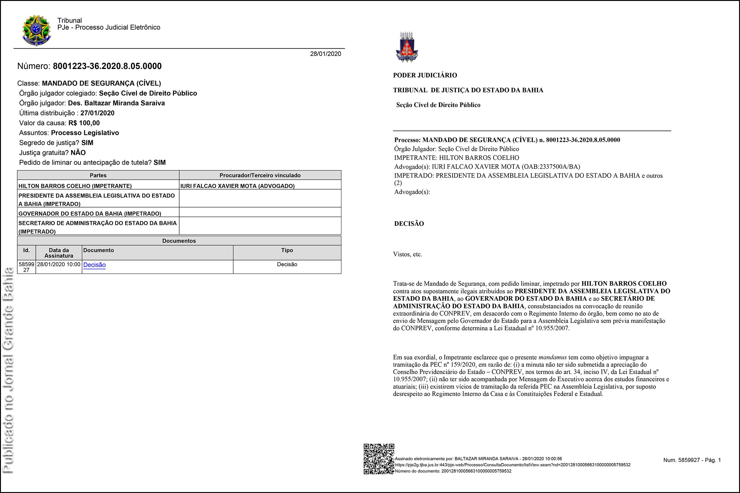 Páginas 1 e 2 da decisão do desembargador Baltazar Miranda Saraiva denegando pedido liminar sobre tramitação da PEC da Reforma da Previdência do Estado da Bahia.