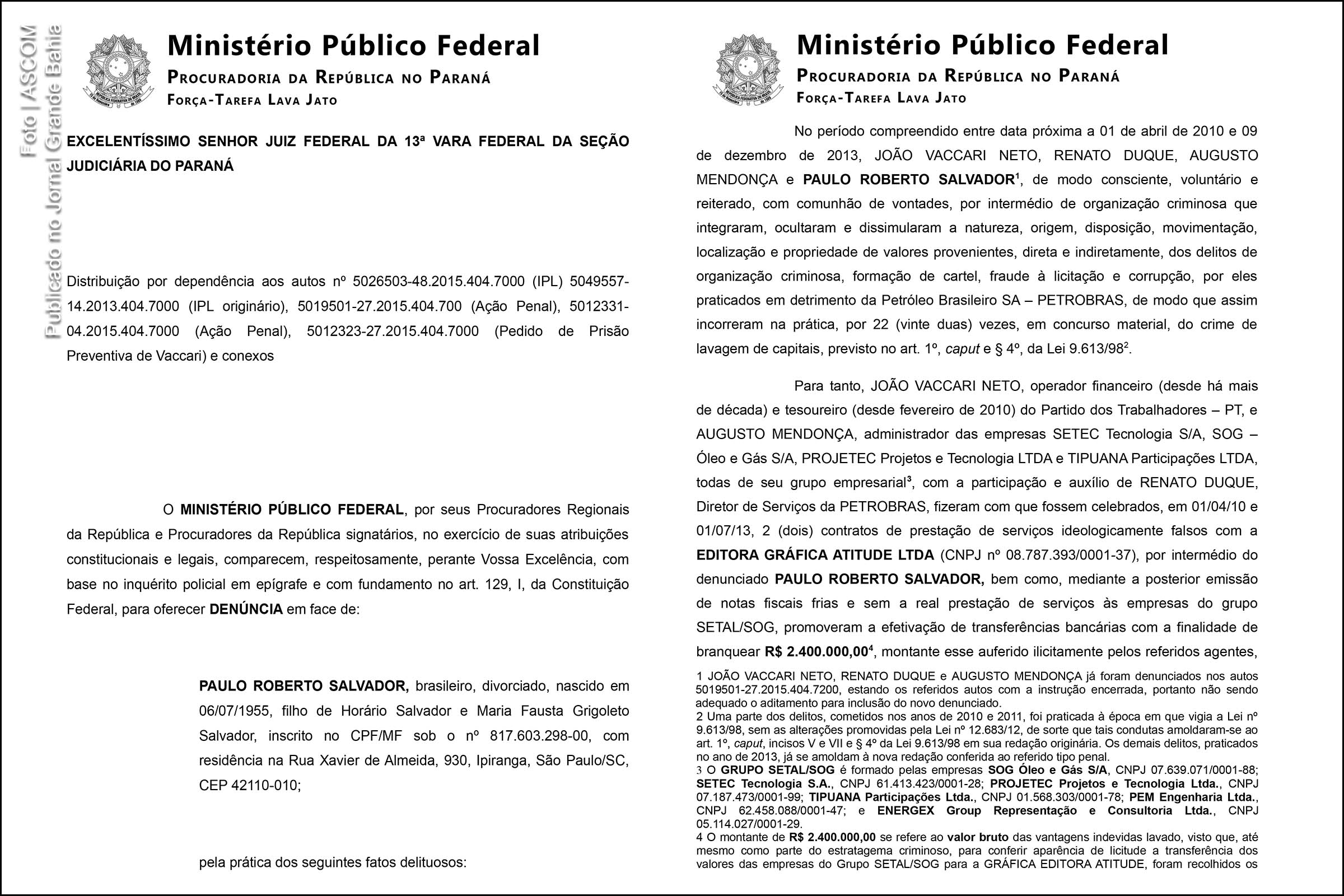 Páginas 1 e 2 da representação do MPF contra Paulo Roberto Salvador. Investigação refere-se a lavagem de dinheiro destinada a ocultar propina em contratos da Petrobras.