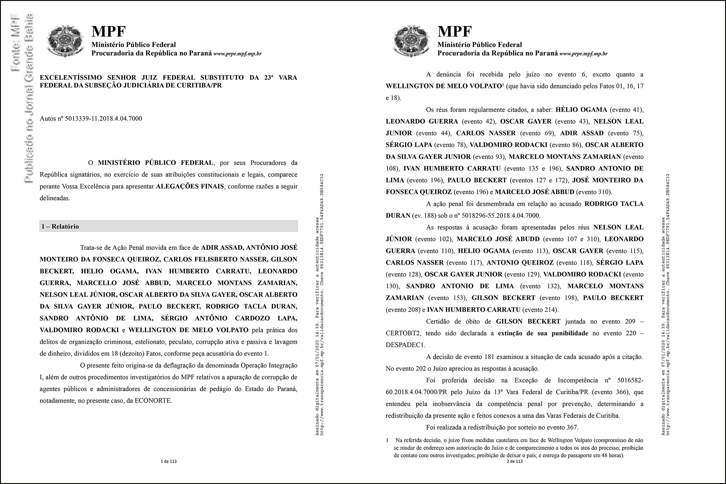Páginas 1 e 2 das alegações finais do MPF, no âmbito do Caso Lava Jato, contra Adir Assad e outros. Reparação de danos requerida é no valor total de R$ 157 milhões.
