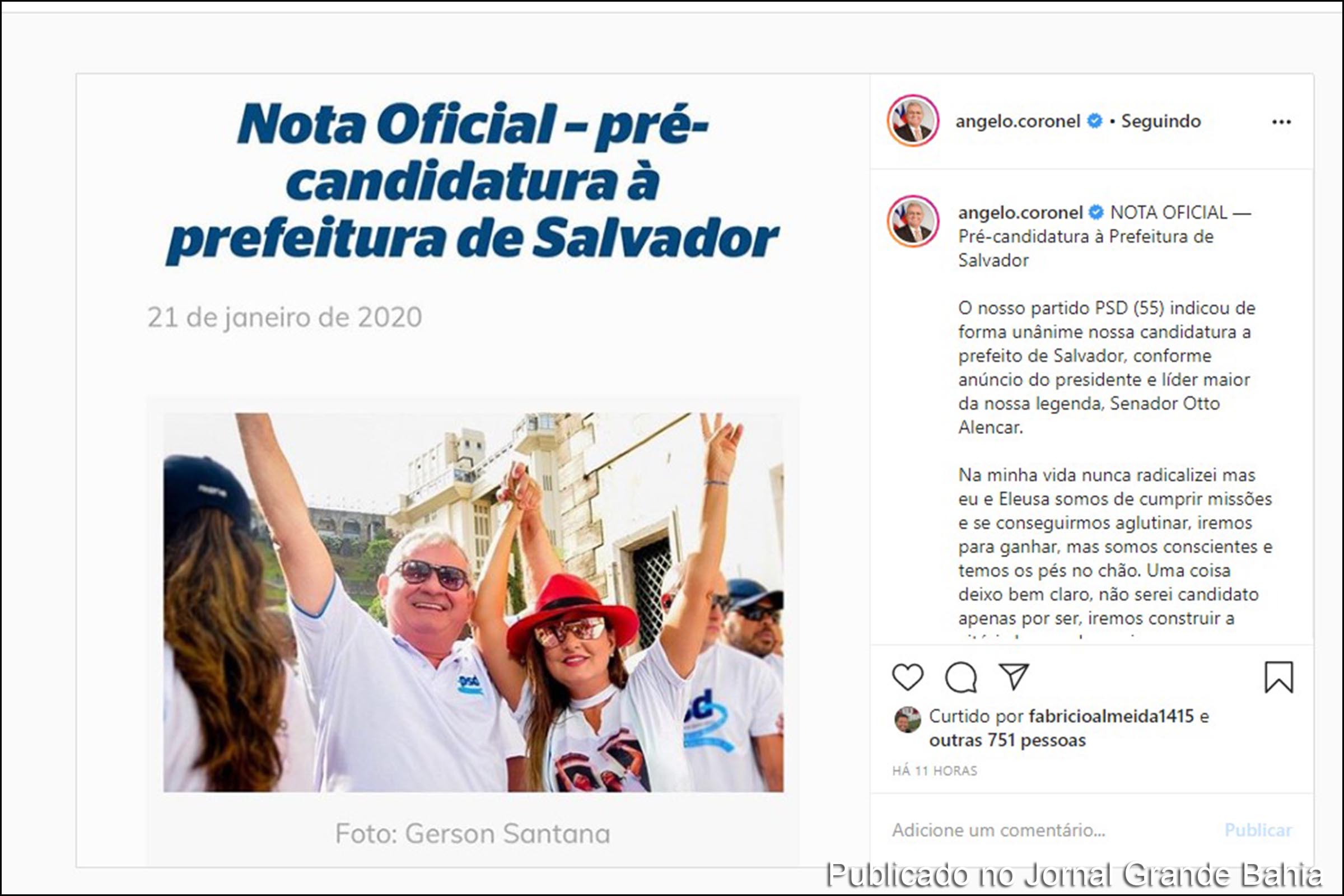 Em nota, senador Angelo Coronel aceita convite para lançar pré-candidatura à prefeito de Salvador.