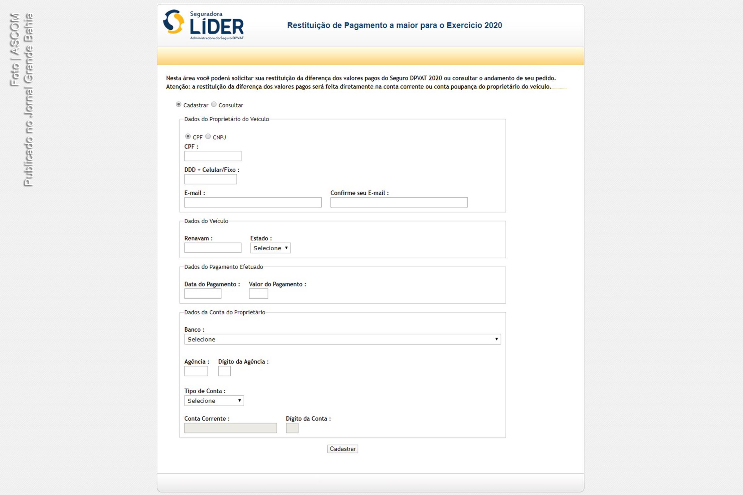 Site permite restituição de pagamento a maior do DPVAT para o Exercício 2020.