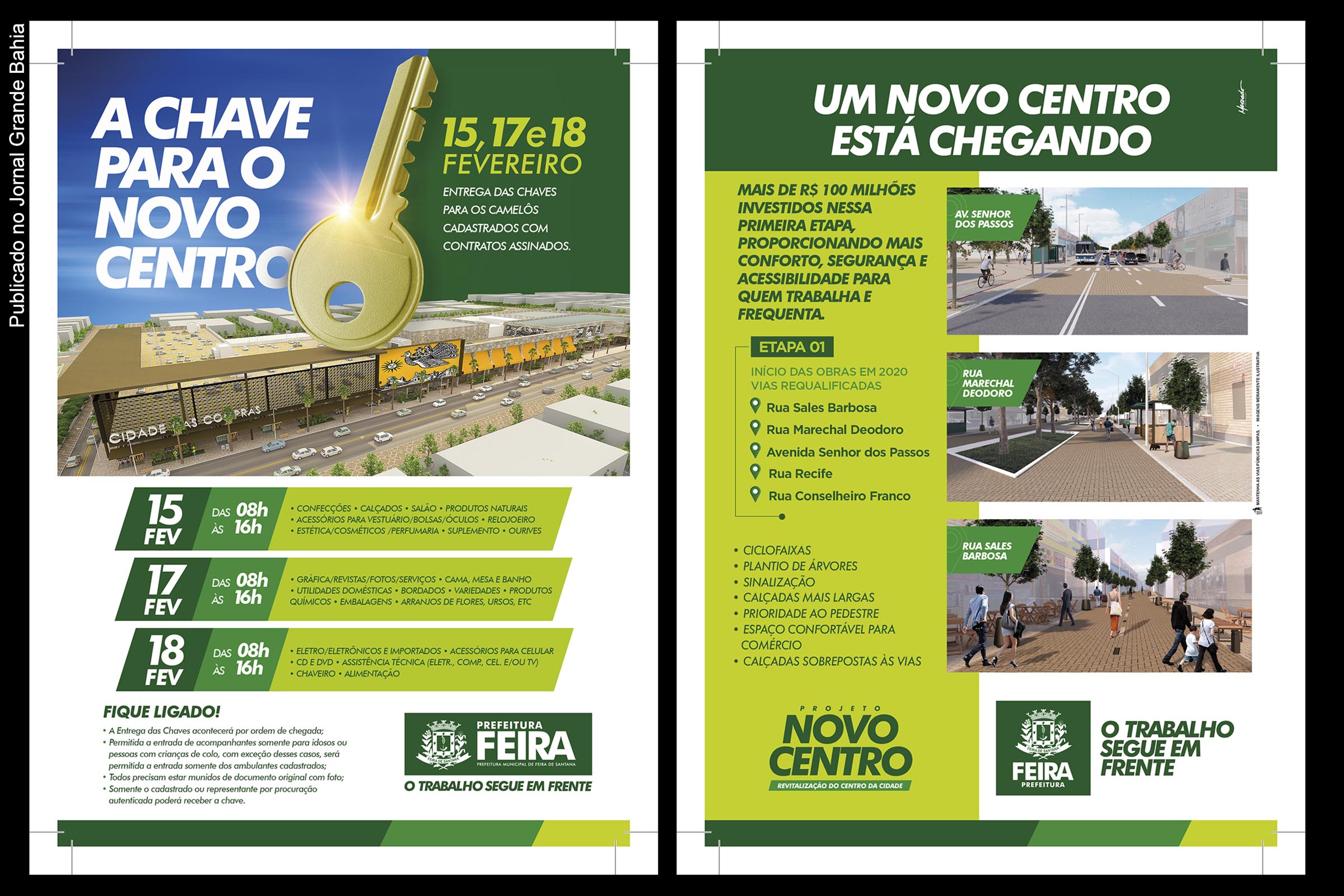Cartaz anuncia entrega das chaves aos permissionários do Shopping Popular de Feira de Santana (Shopping Cidade das Compras).