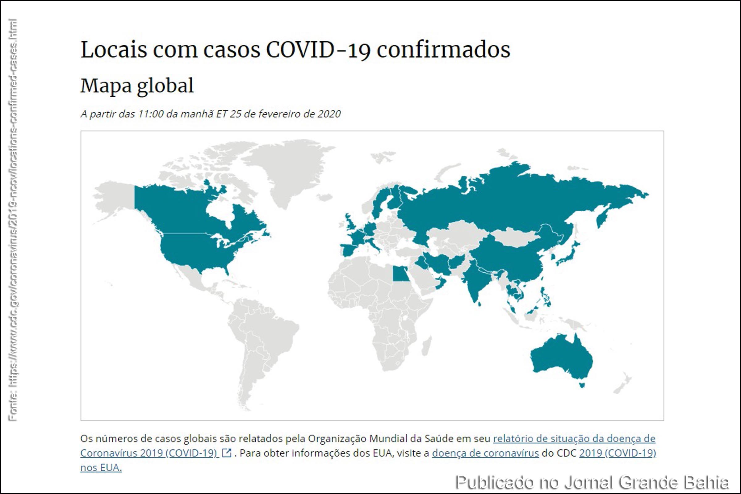 Infográfico apresenta dados sobre a situação global da Covid-19, em 26 de fevereiro de 2020. Teste em paciente no Brasil dá positivo. Coreia do Sul registra 284 casos em apenas um dia. Irã confirma mais quatro mortos. Na Itália, já são 12. Confira a situação em todo o mundo.