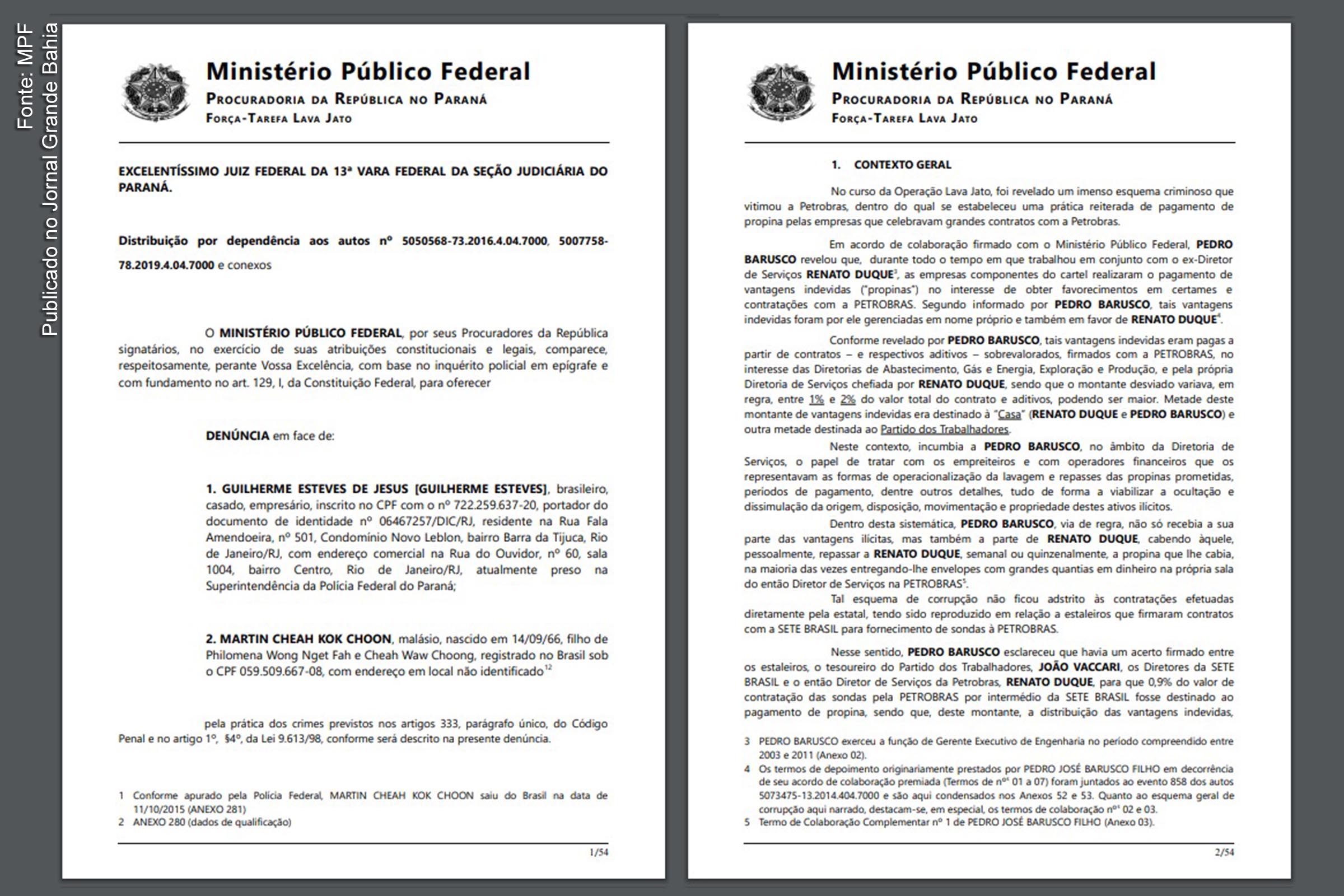 Páginas 1 e 2 da representação do MPF contra o ex-presidente da Jurong no Brasil Martin Cheah Kok Choon. Operações de lavagem de dinheiro denunciadas superaram R$ 100 milhões.