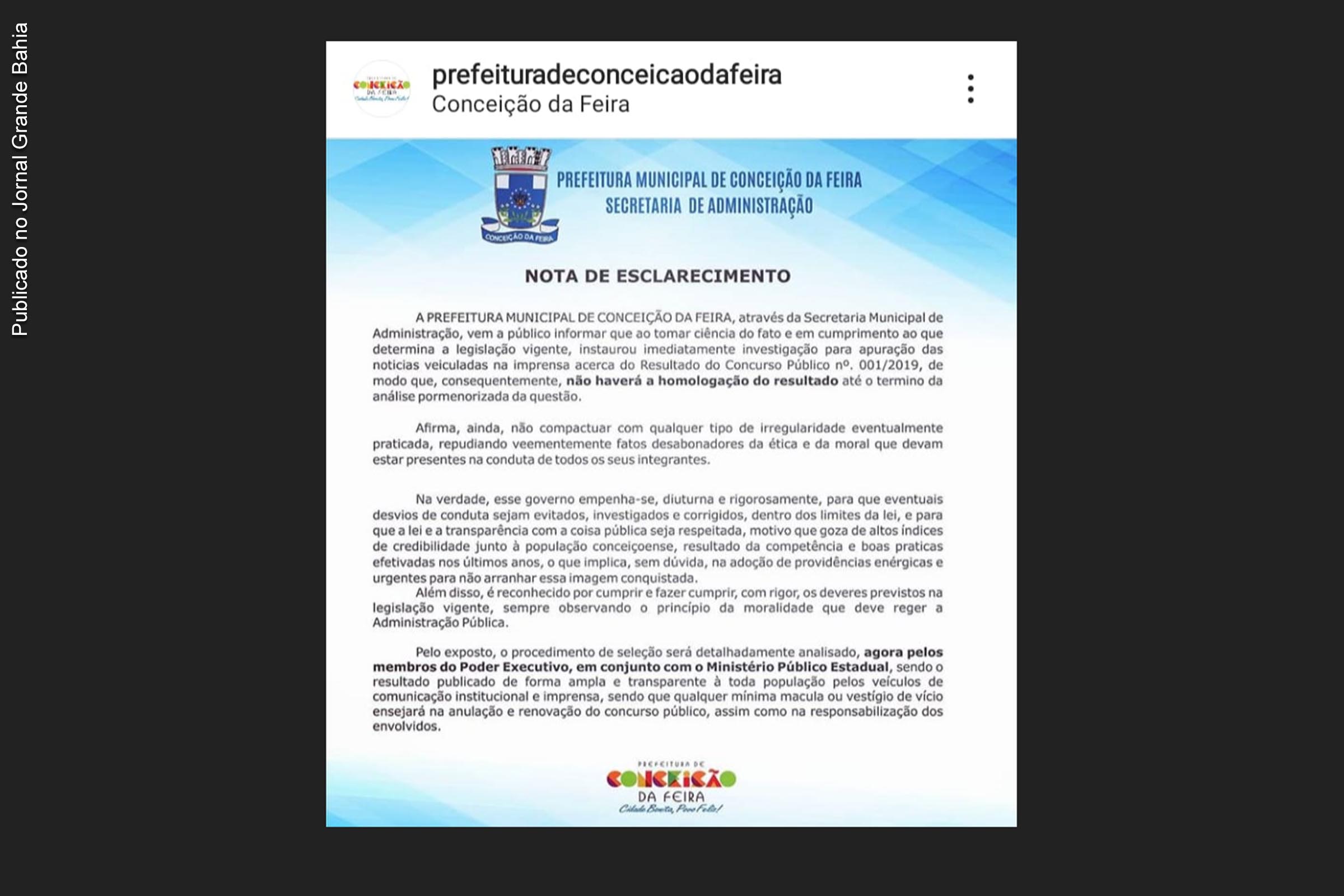 Prefeitura de Conceição da Feira emitiu nota sobre concurso público.