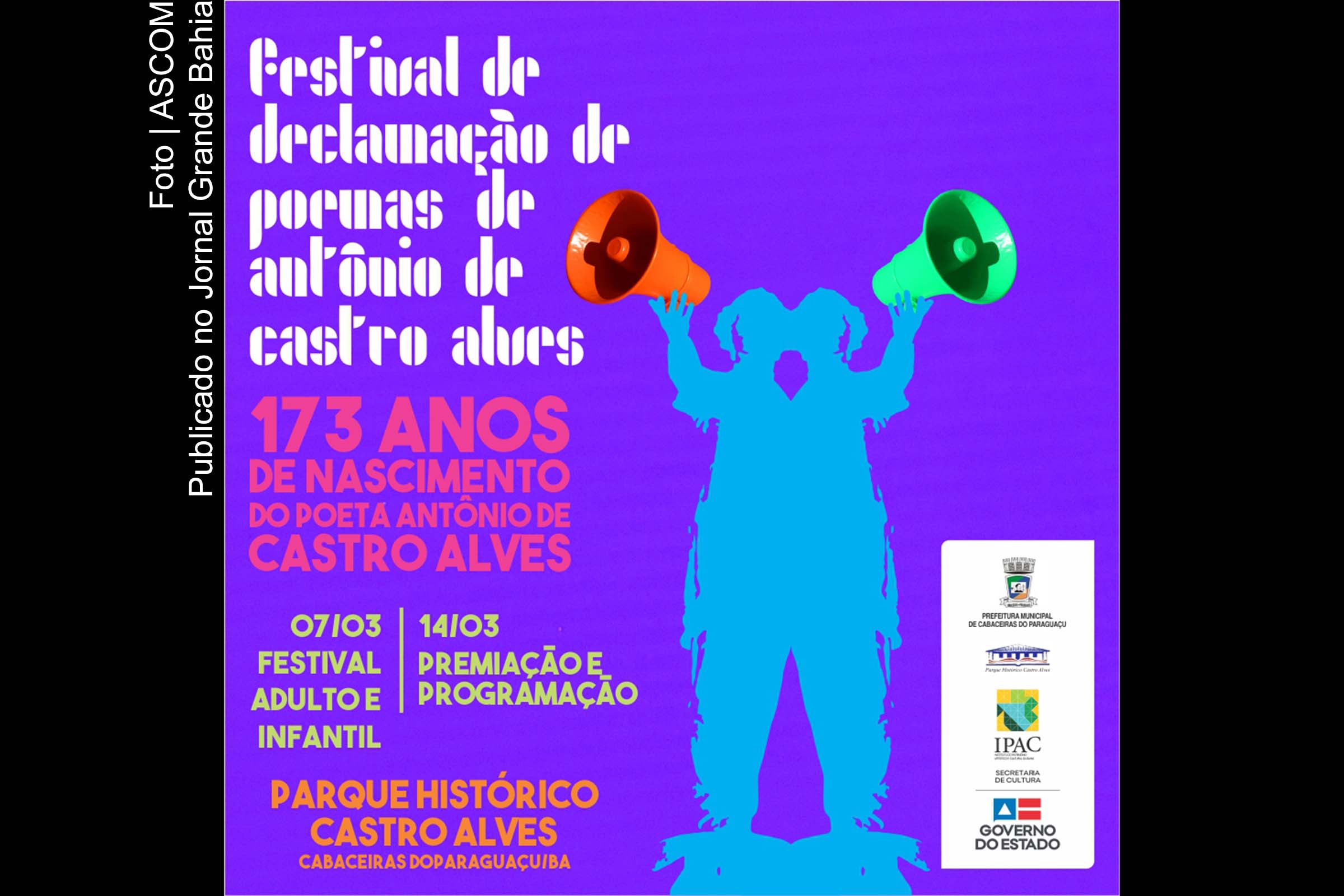 Cartaz anuncia Festival de Declamação de Poemas de Antônio de Castro Alves.