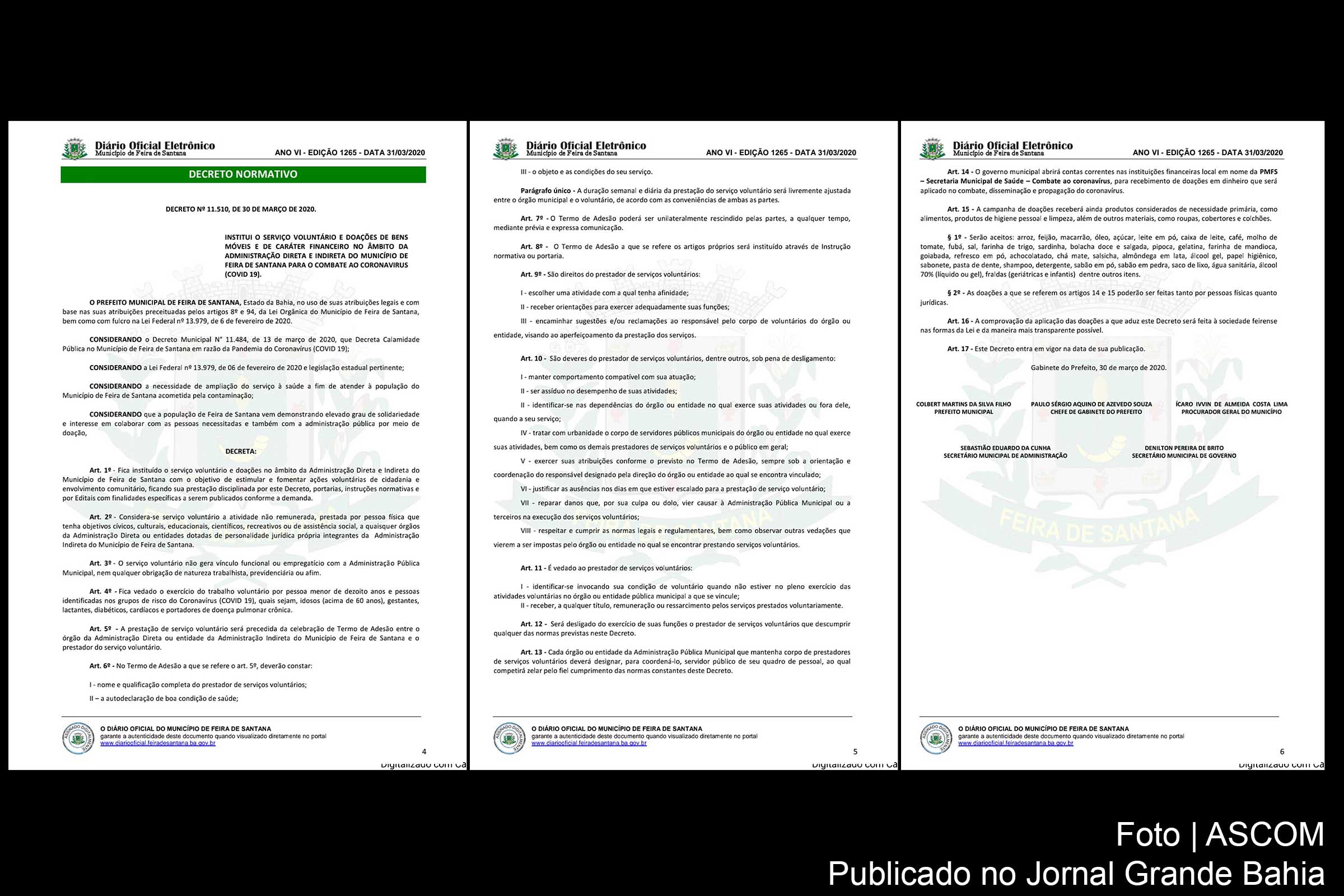 Governo Colbert Martins publica decreto instituindo serviço voluntário e doação de bens móveis e recursos financeiros ao Município de Feira de Santana