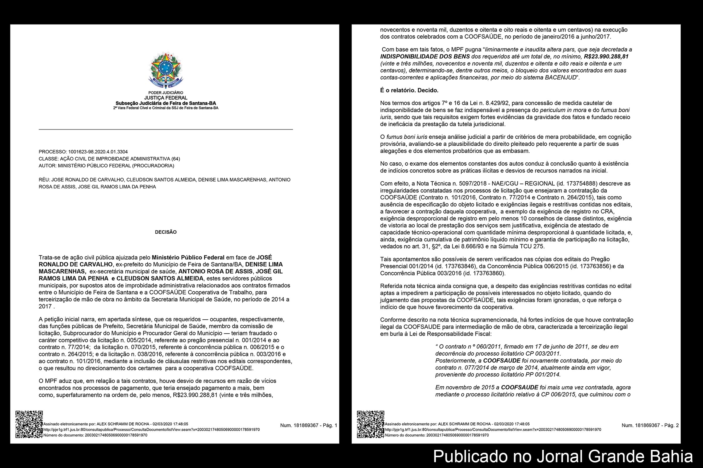 Páginas 1 e 2 da decisão de bloqueio de ativos proferida pelo juiz Alex Schramm contra José Ronaldo, Denise Lima Mascarenhas, Antonio Rosa de Assis, José Gil Ramos Lima da Penha e Cleudson Santos Almeida.