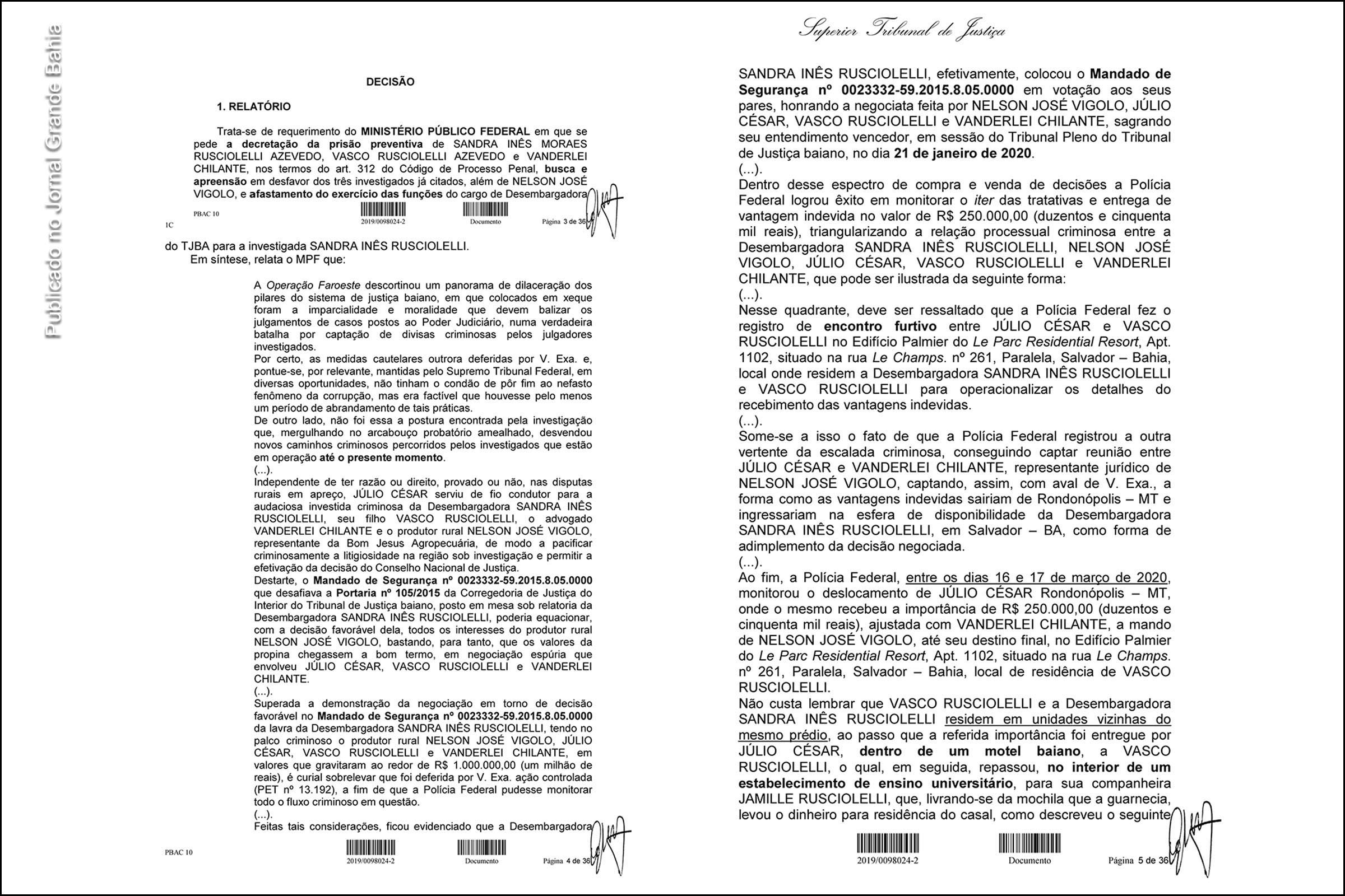 Páginas da decisão do STJ que determina a prisão temporária da desembargadora Sandra Inês Rusciolelli e outros.