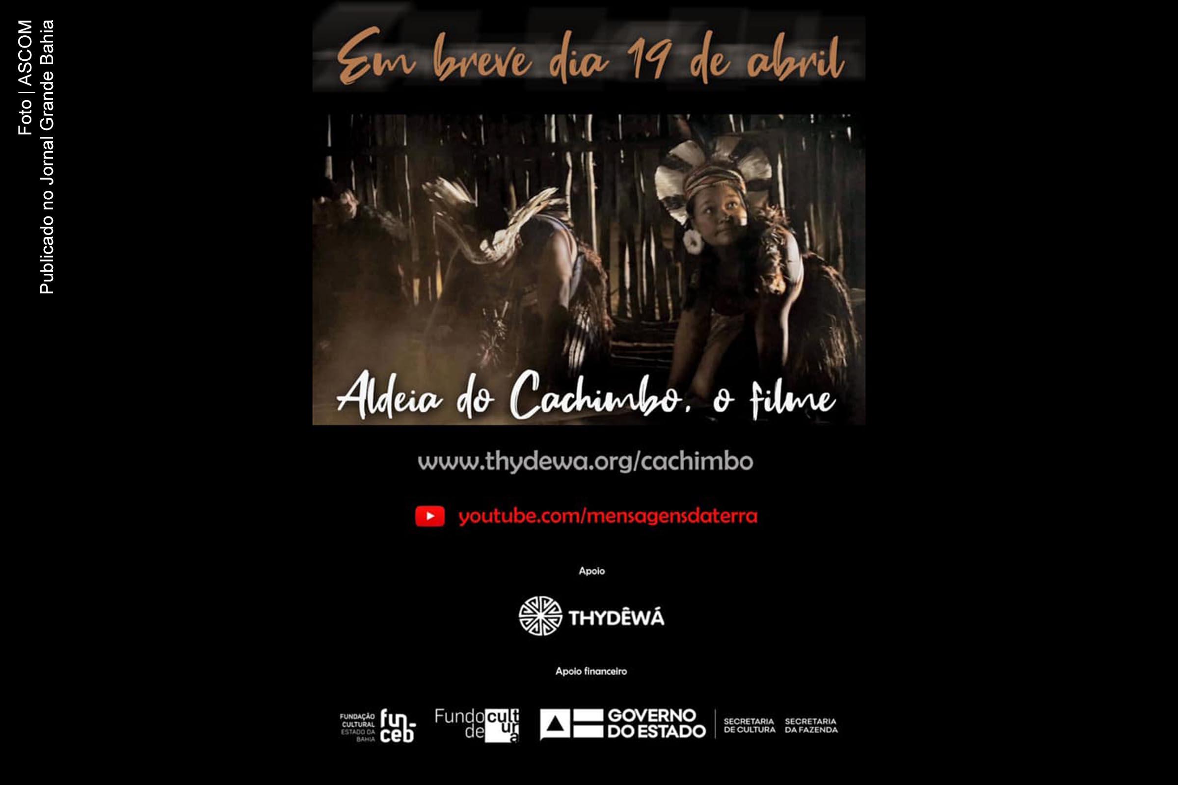 Cartaz do filme-documentário 'Aldeia do Cachimo'. Curta-metragem apresenta a realidade atual de uma aldeia na Bahia, provoca reflexão sobre identidade, ancestralidade, espiritualidade e ecologia.