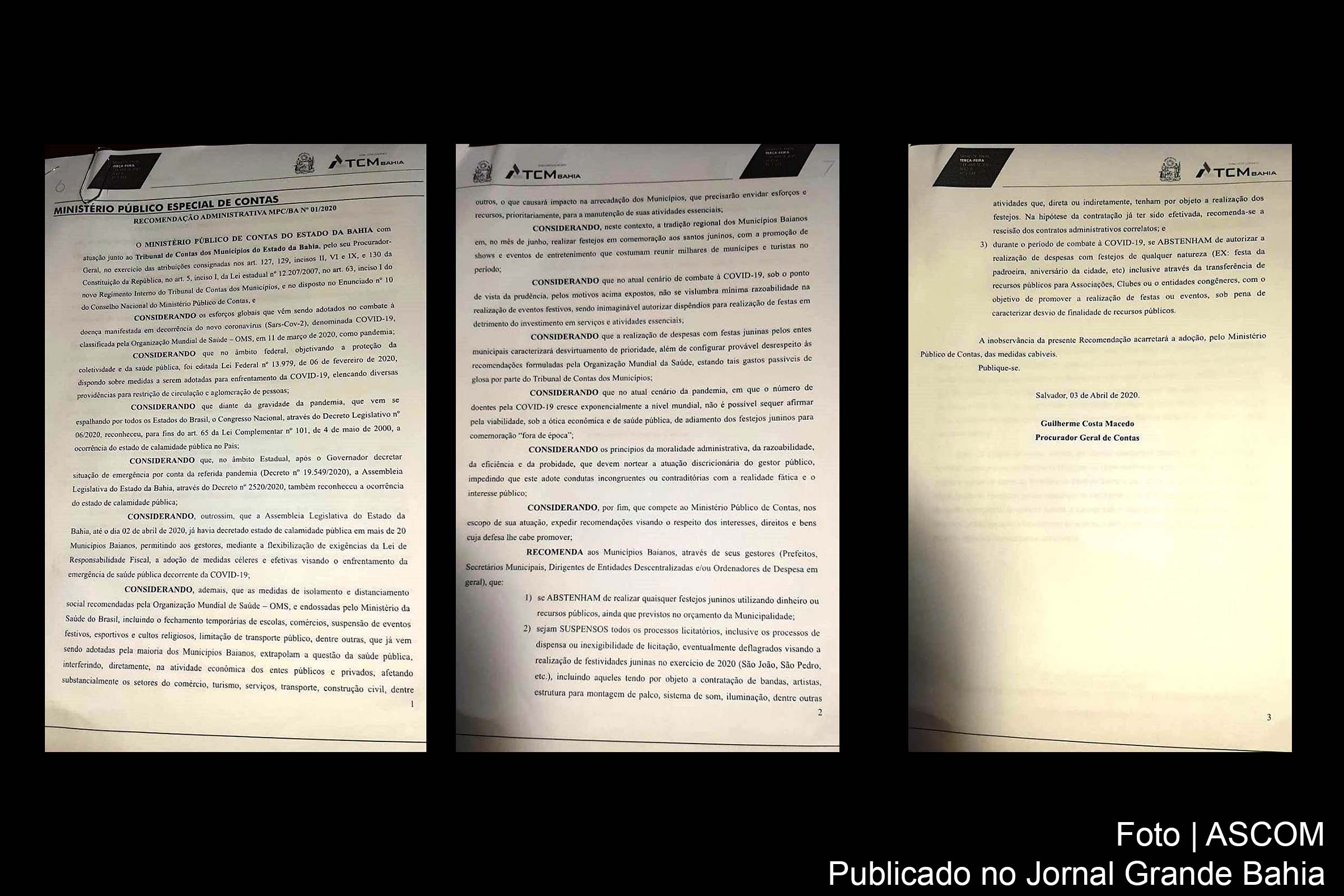 Documentos enviados a prefeitura de Feira de Santana informam recomendação Administrativa 01/2020 do Ministério Público Especial de Contas, do Tribunal de Contas dos Municípios (TCM).