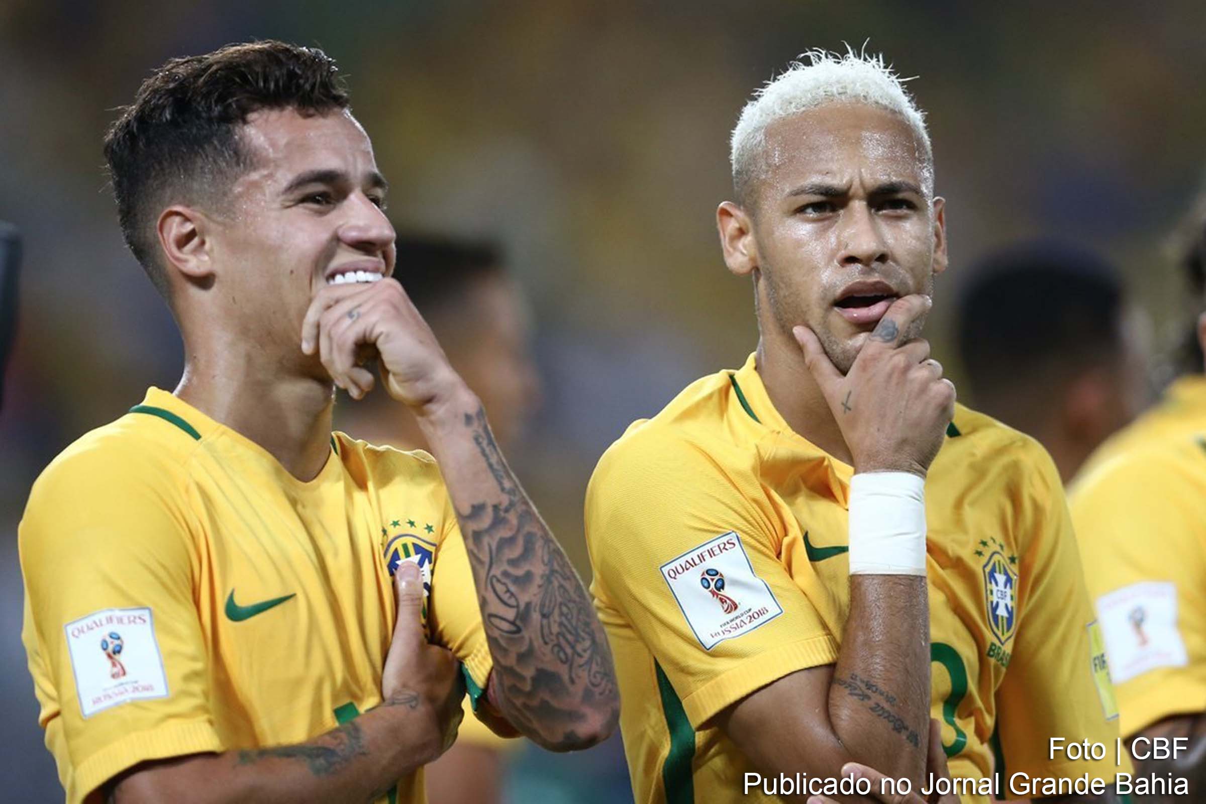 Futebolistas Philippe Coutinho e Neymar.
