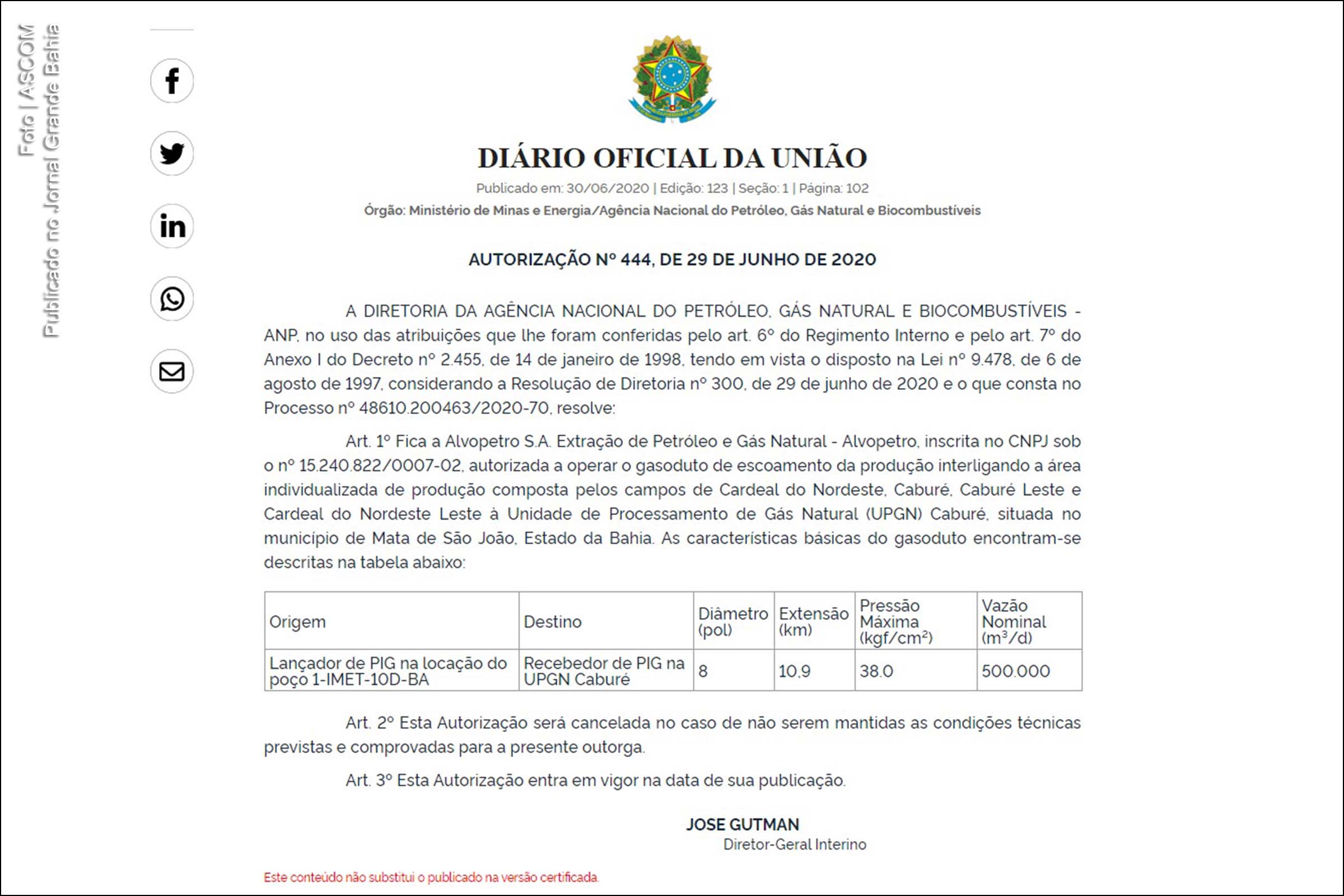 ANP concede autorização definitiva para o gasoduto Caburé, na Bahia