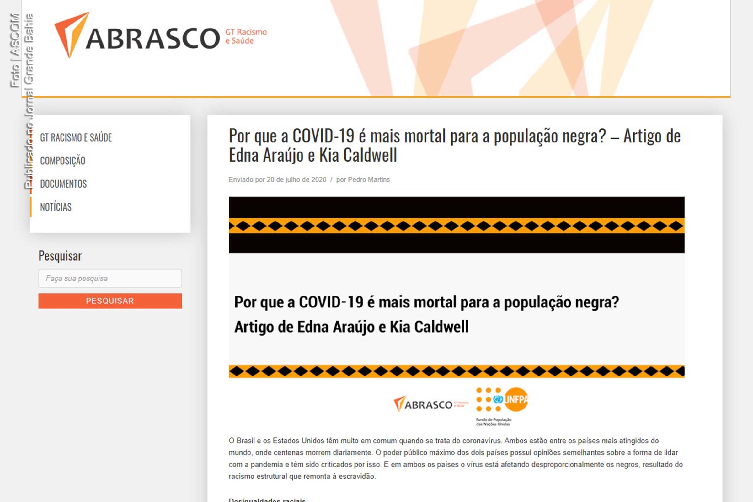 Artigo de Edna Araújo e Kia Caldwell destaca o impacto da Covid-19 nas populações negras do Brasil e EUA.