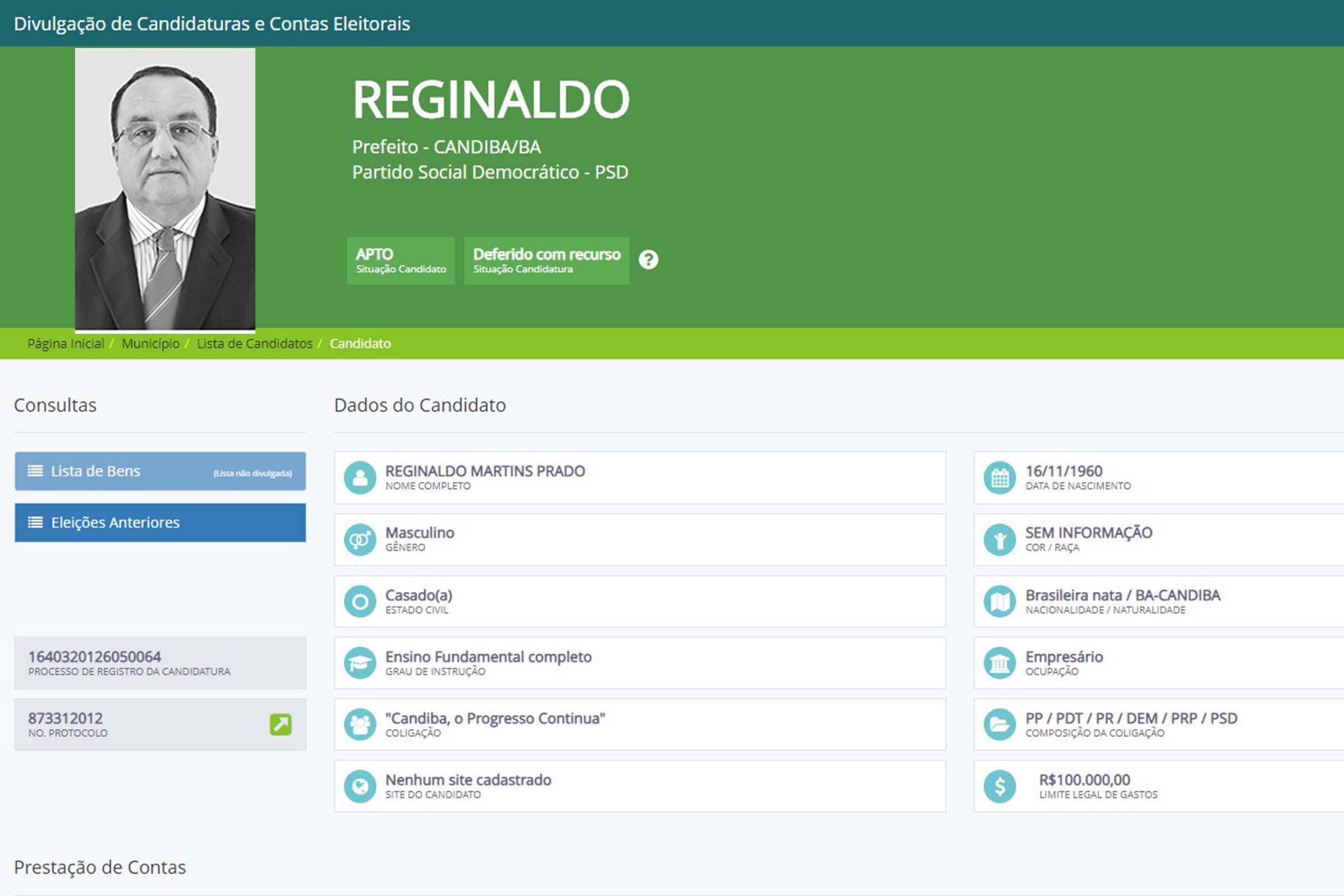 Cadastro na Justiça Eleitoral do ex-prefeito de Candiba Reginaldo Martins Prado.