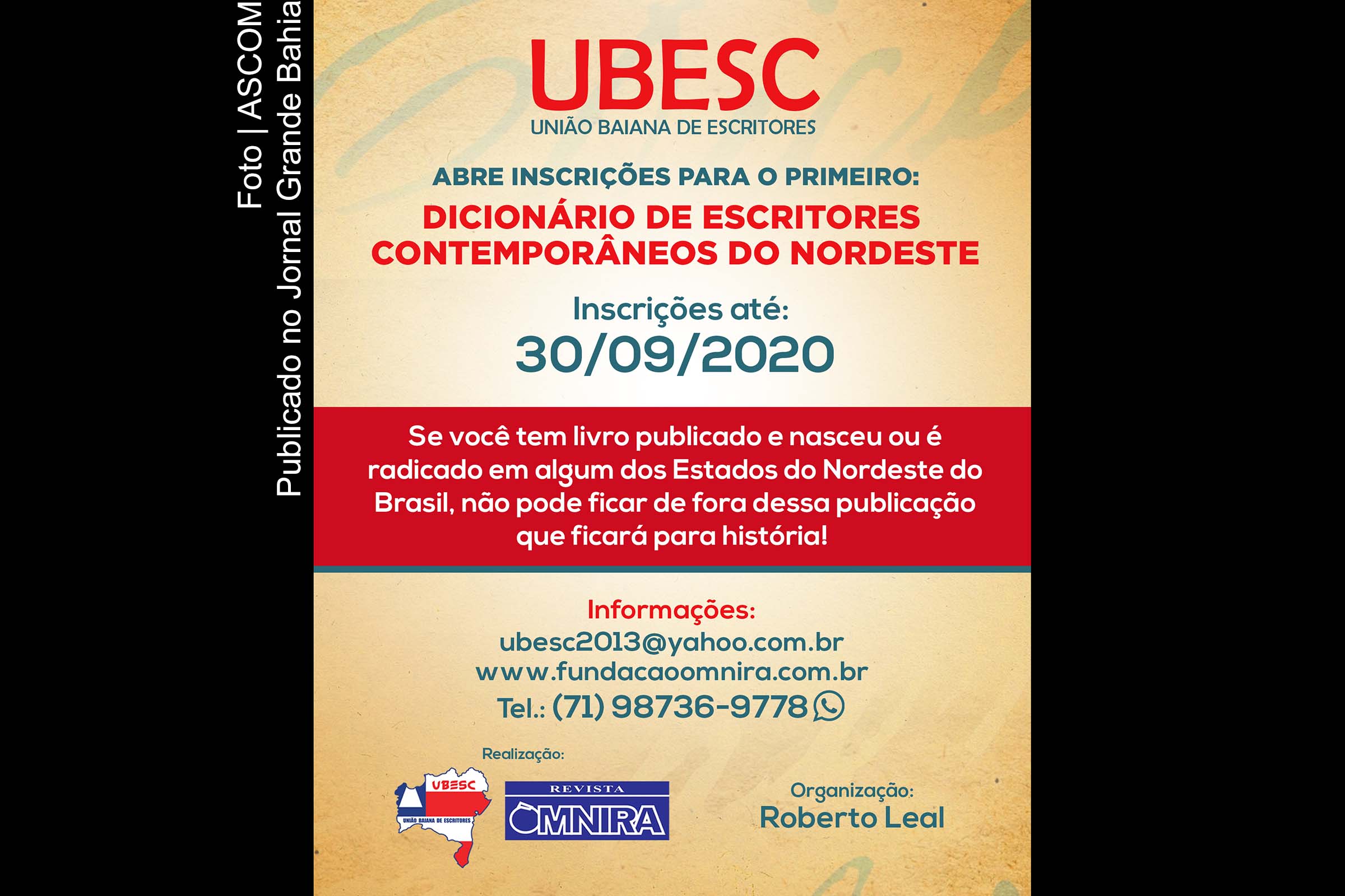 Cartaz anuncia inscrições para Dicionário de escritores contemporâneos do Nordeste.