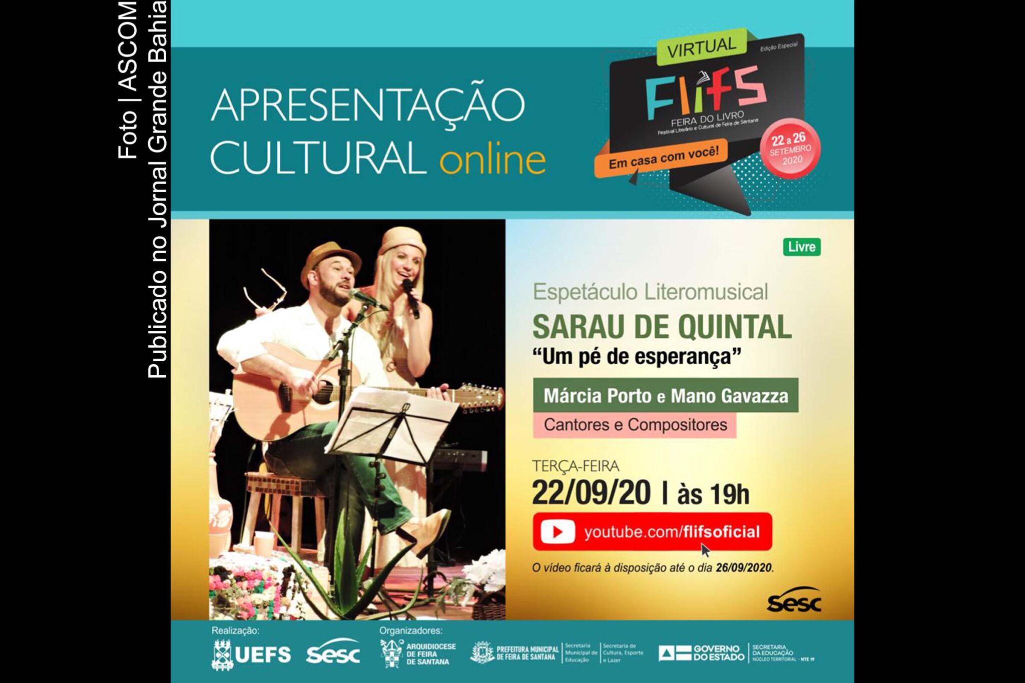 Cartaz anuncia espetáculo Literomusical Sarau de Quintal.