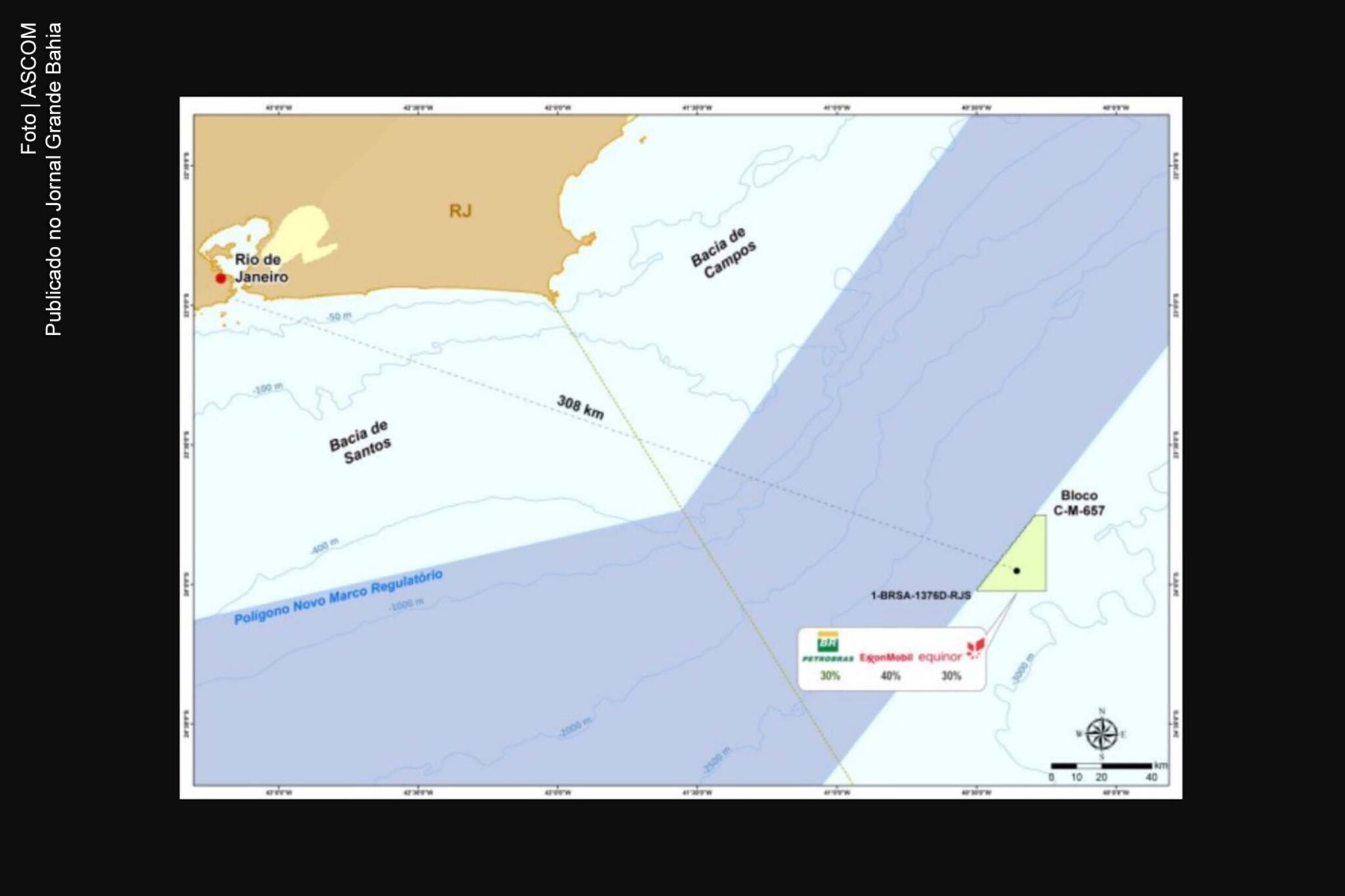 Mapa indica localização do bloco de hidrocarbonetos C-M-657, no pré-sal da Bacia de Campos.