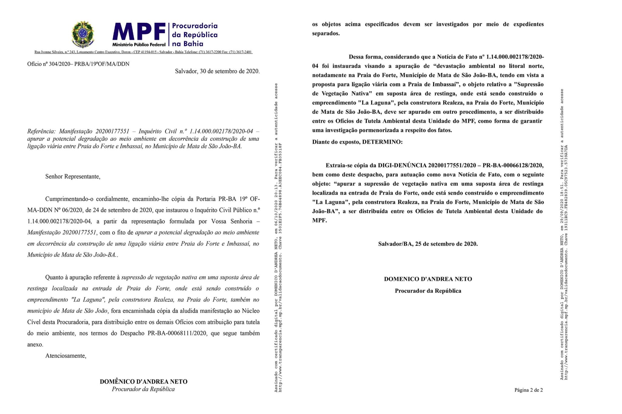 Inquérito do MPF apura supostos crimes ambientais nos Distrito de Praia do Forte e Imbassaí, em Mata de São João.