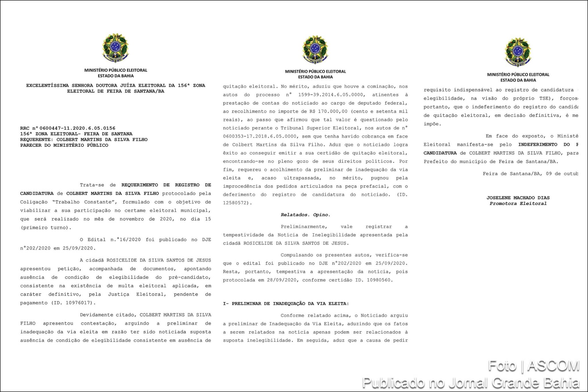 Páginas 1, 2 e 13 da manifestação do MPE pela impugnação do registro da candidatura do prefeito Colbert Martins Filho em Feira de Santana.
