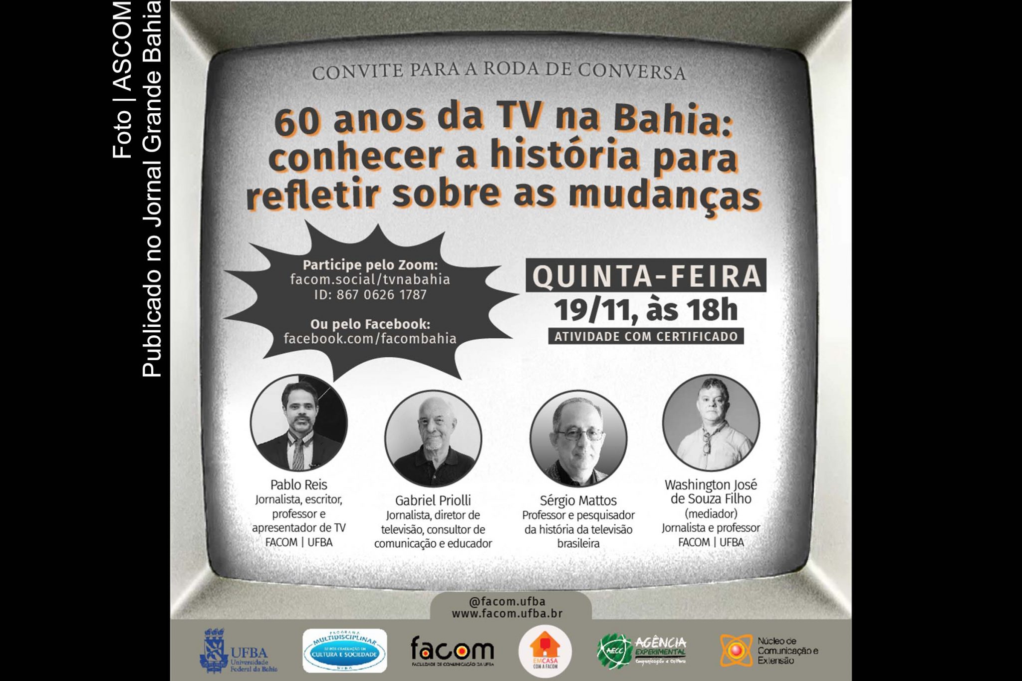 Cartaz anuncia roda de conversa sobre 'Sessenta anos da televisão na Bahia'.