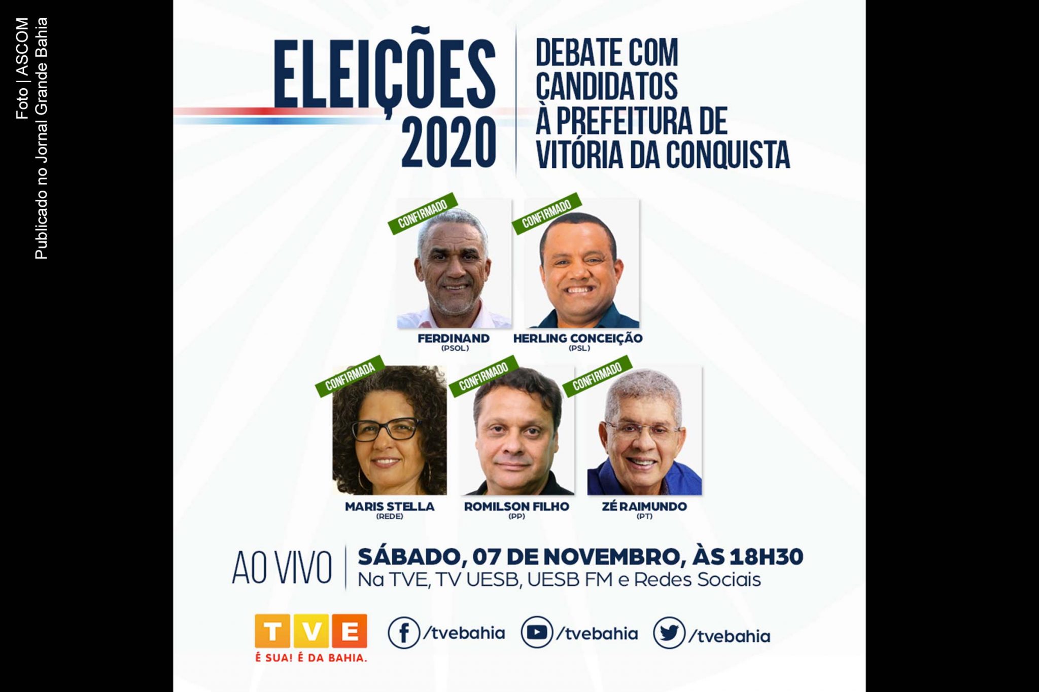 Candidatos à prefeito de Vitória da Conquista Ferdinand (PSOL), Herling Conceição (PSL), Maris Stella (Rede), Romilson Filho (PP) e Zé Raimundo (PT) participam de debate na TVE Bahia.