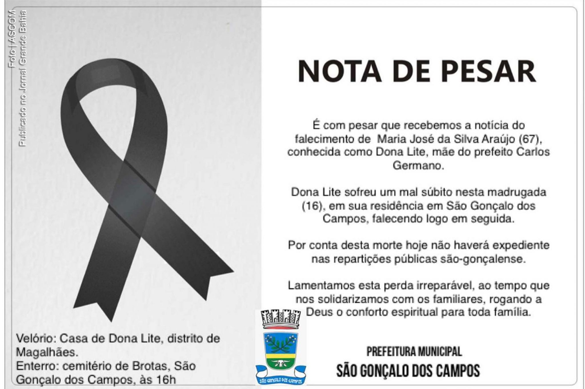 Nota de pesar em memória de Maria José da Silva Araújo (Dona Lite).