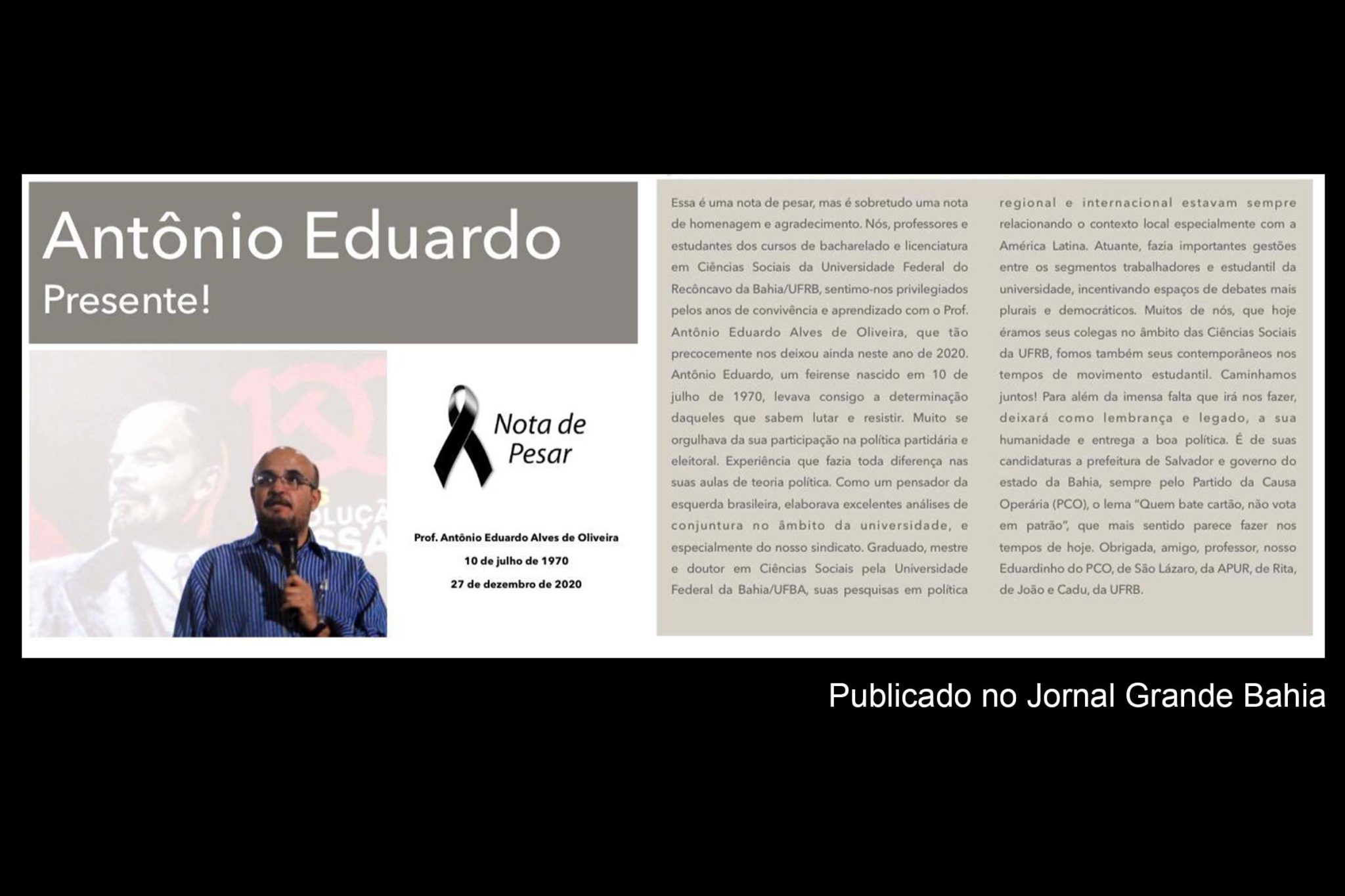 CAHL da UFRB registra passamento do pesquisador Antonio Eduardo Alves de Oliveira.