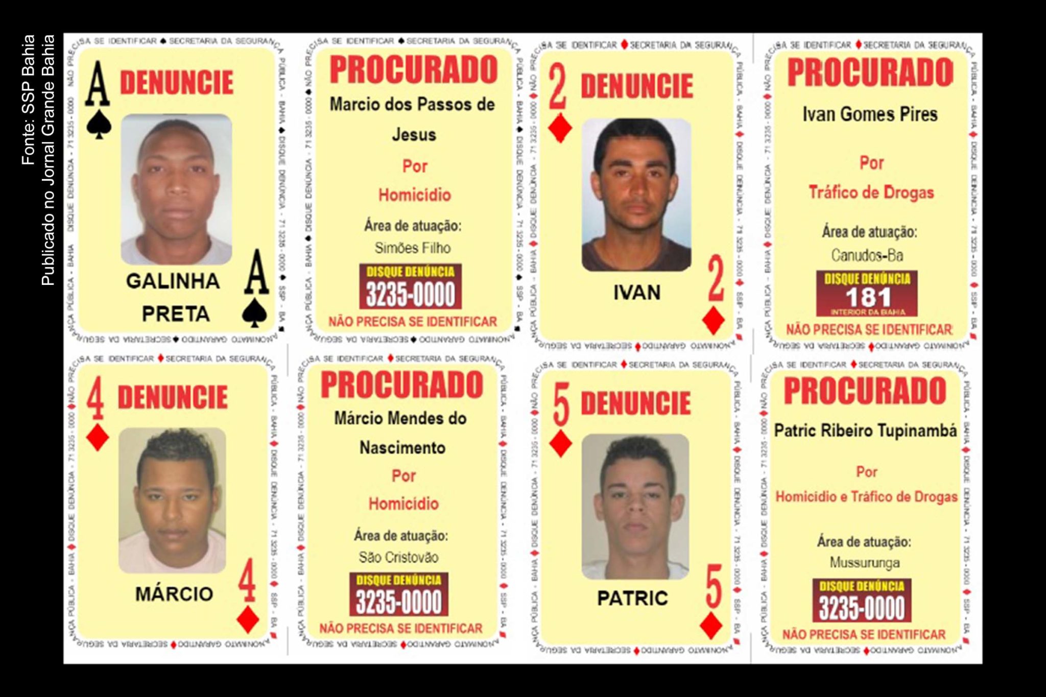 Criminosos foragidos da Justiça ou procurados pela polícia são inseridos no no Baralho do Crime da SSP Bahia. A atualização da ferramenta é a 35ª do ano, com mudanças nos naipes de Espadas e Ouros.