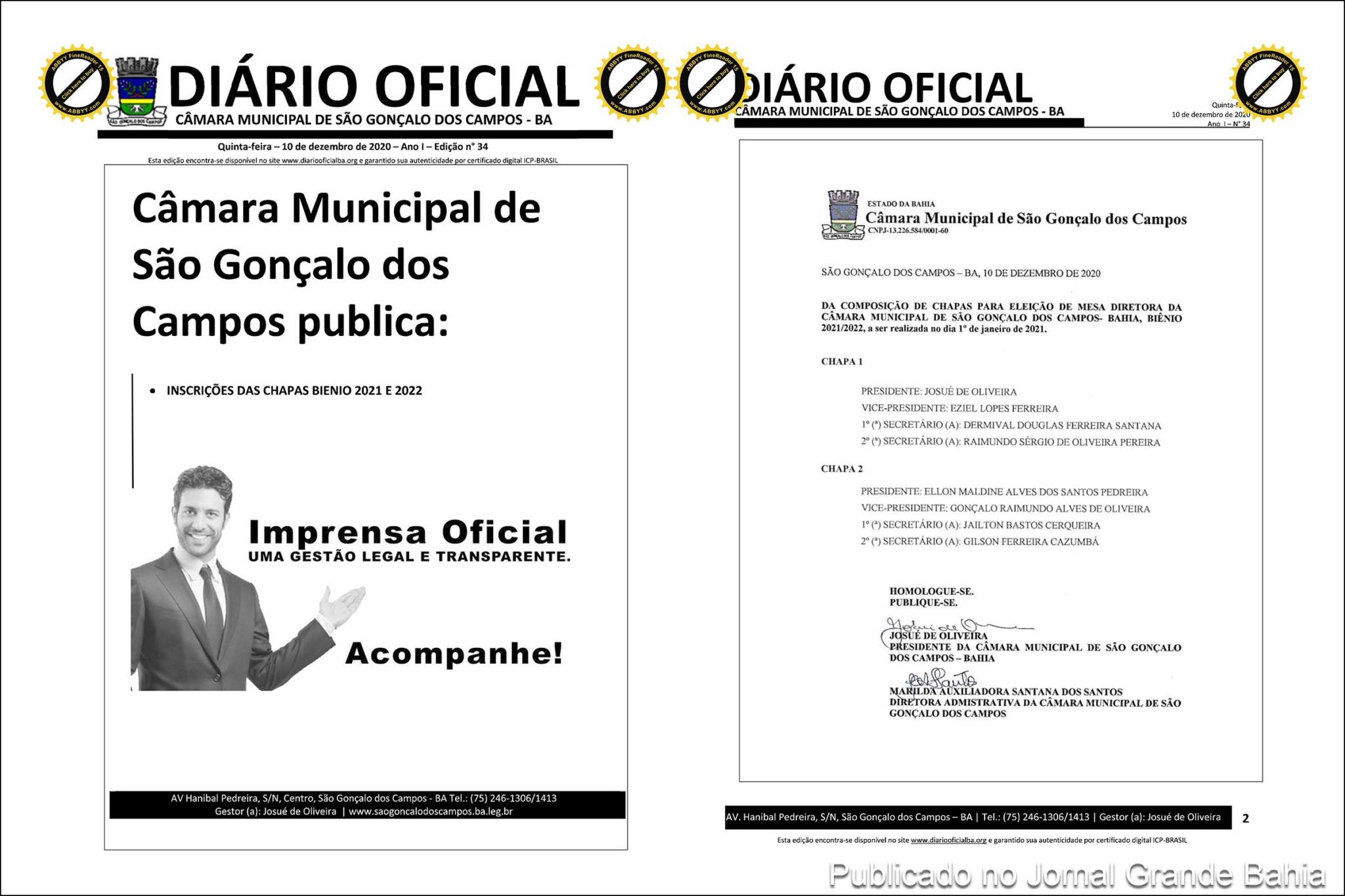 Câmara Municipal de São Gonçalo dos Campos inova na ilegalidade ao publicar disputa de duas chapas para Mesa Diretora compostas por vereadores eleitos e não diplomados e empossados