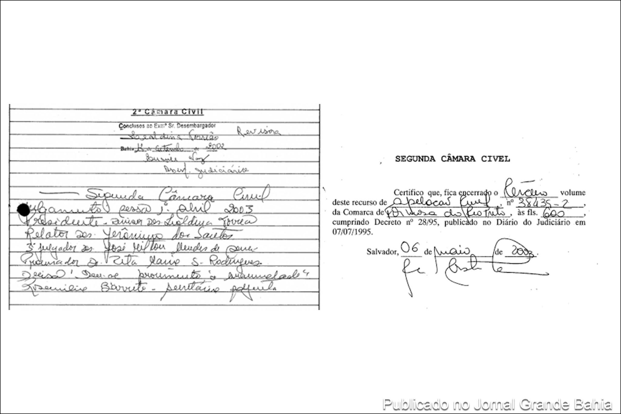 Movimentação da Ação Judicial de Reintegração de Posse pela 2ª Câmara Cível do TJBA, ocorrida em 6 de maio de 2003.