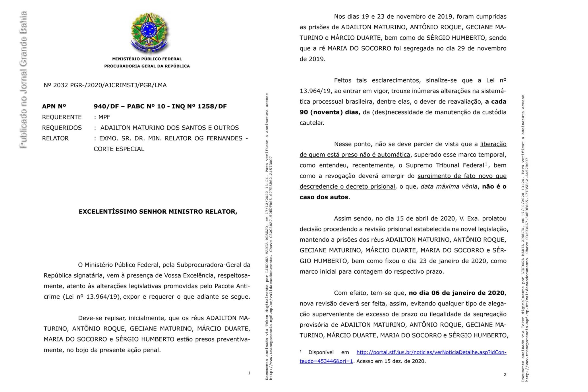 Páginas 1 e 2 da representação do MPF contra Adailton Maturino e outros no âmbito da Ação Penal nº 940 DF. Réus do Caso Faroeste são investigados pela prática dos crimes de lavagem de dinheiro, de criar e integrar organização criminosa que agia no Oeste da Bahia.