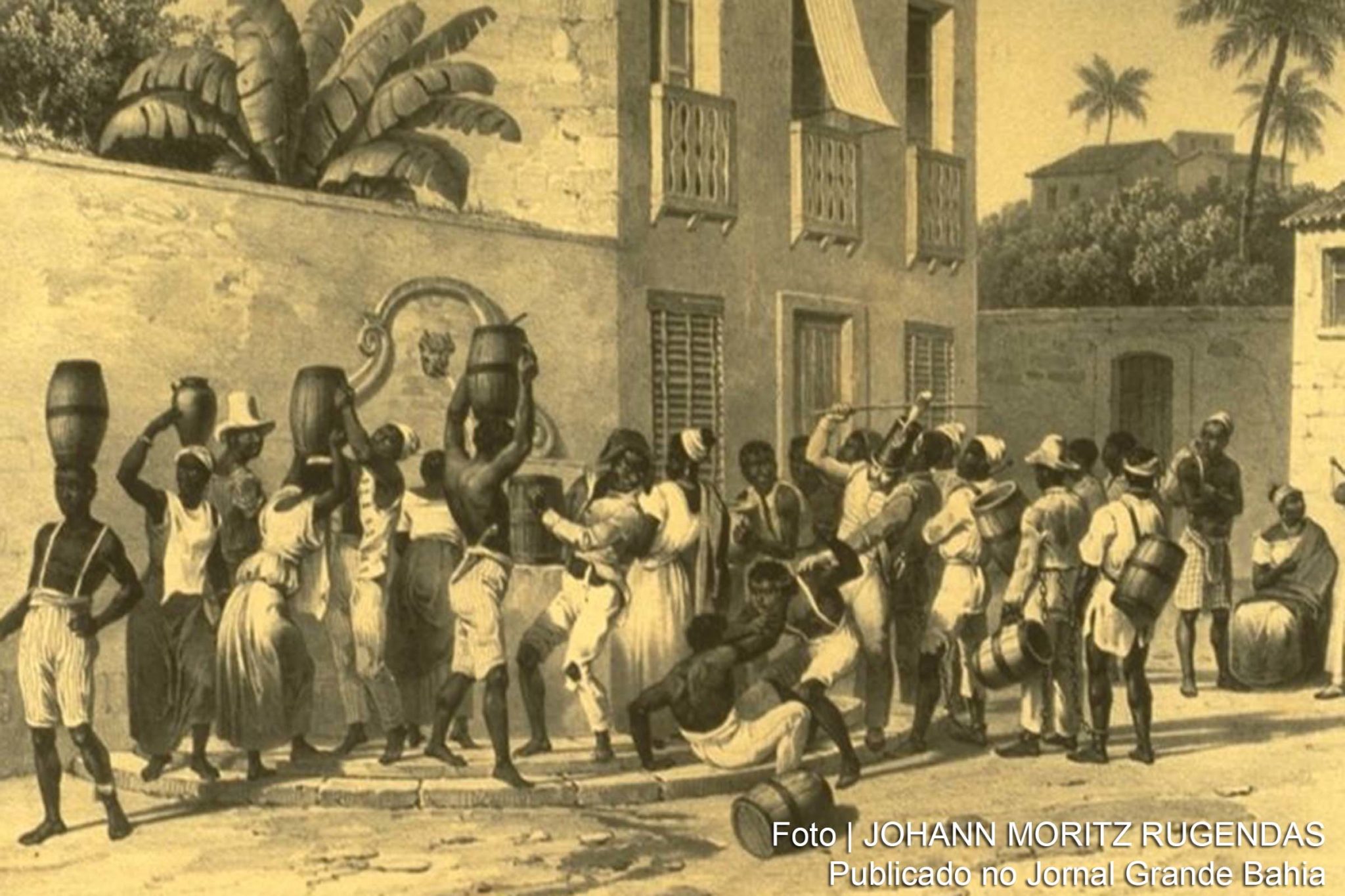 Escravizados urbanos coletando água no Brasil da década de 1830. Para pesquisadores, escravidão atrasou desenvolvimento do país.