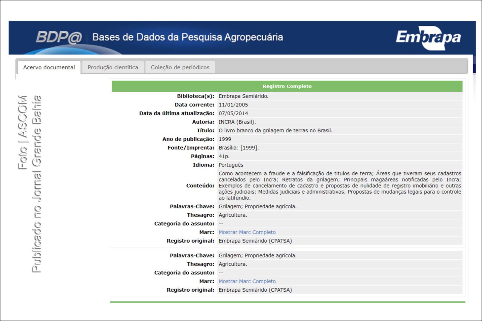 O livro branco da grilagem de terras no Brasil: reconhecimento público da grilagem especializada da corrupção agrária | Por Alberto da Silva Jones