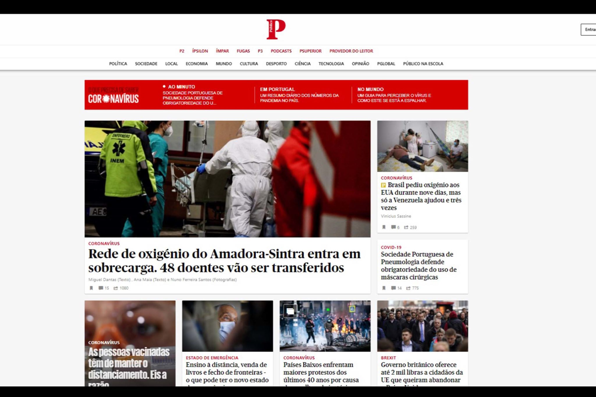 Jornal Público destaca agravamento da pandemia da Covid-19 em Portugal.