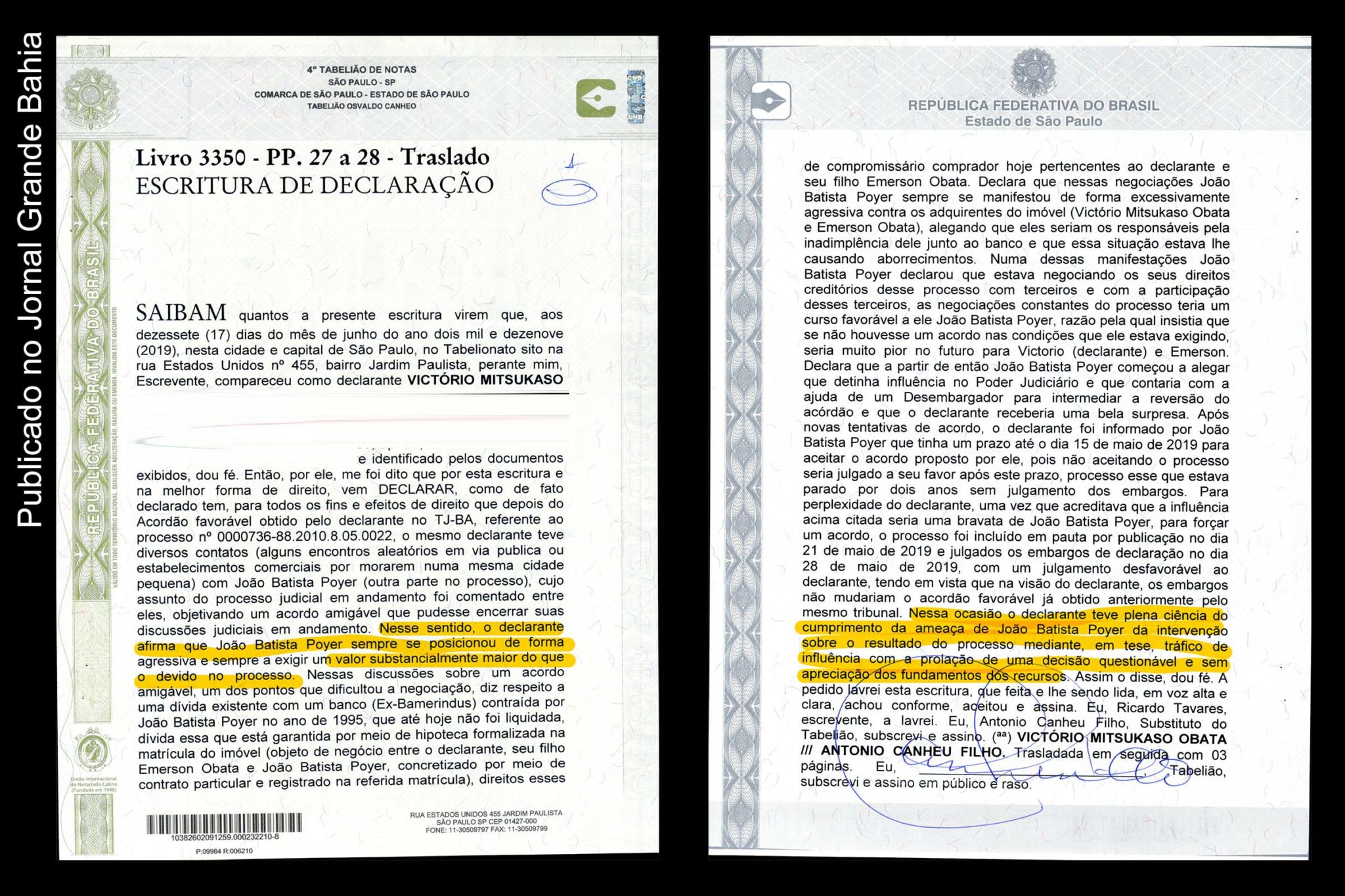Exclusivo: Documento do Caso Obata revela ameaça e influência de João Batista Poyer no TJBA